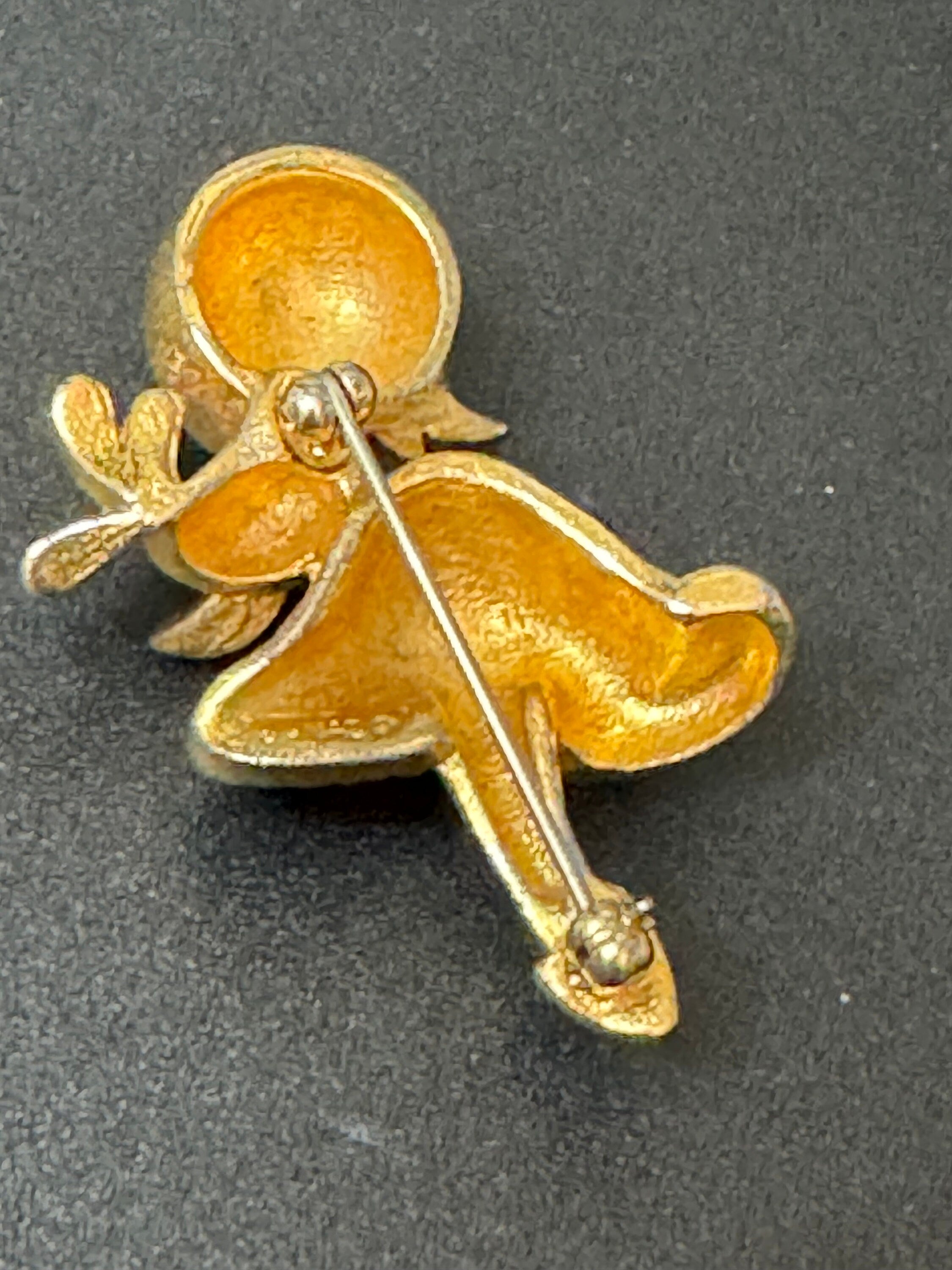 Novelty vintage cartoon bird on toadstool brooch gold tone with clear diamanté