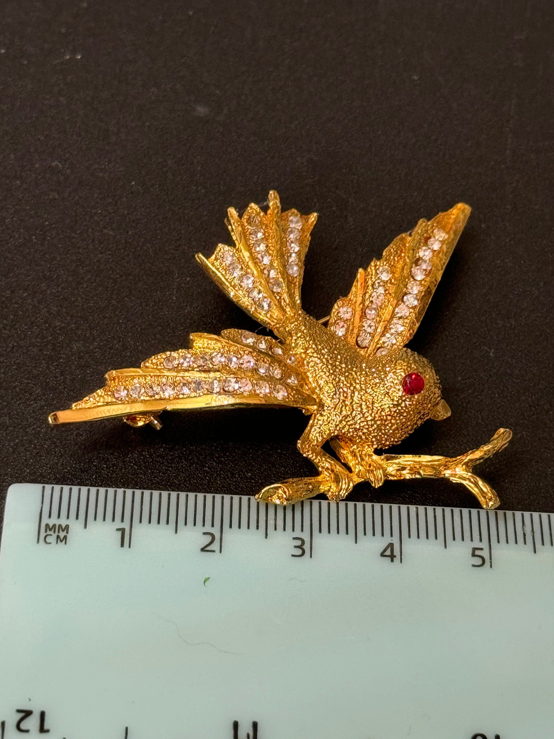 Vintage gold tone large Diamanté bird brooch Ruby eyes