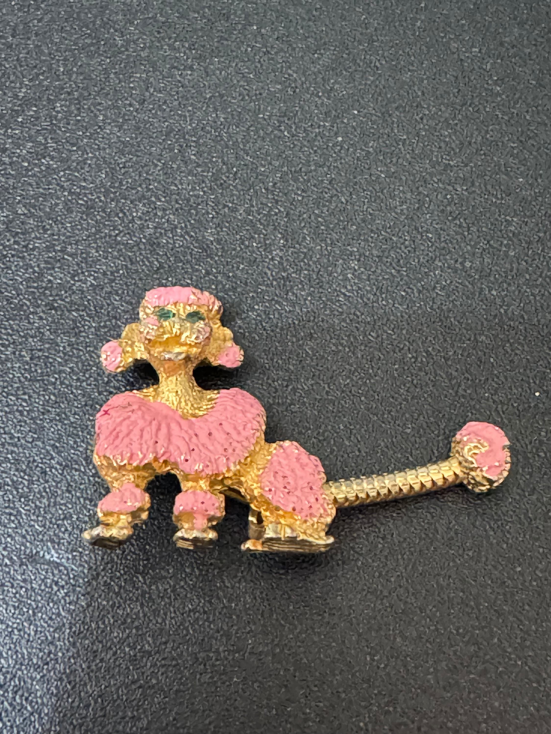 Vintage small kitsch fluffy pink POODLE Dog Brooch Pin mid century