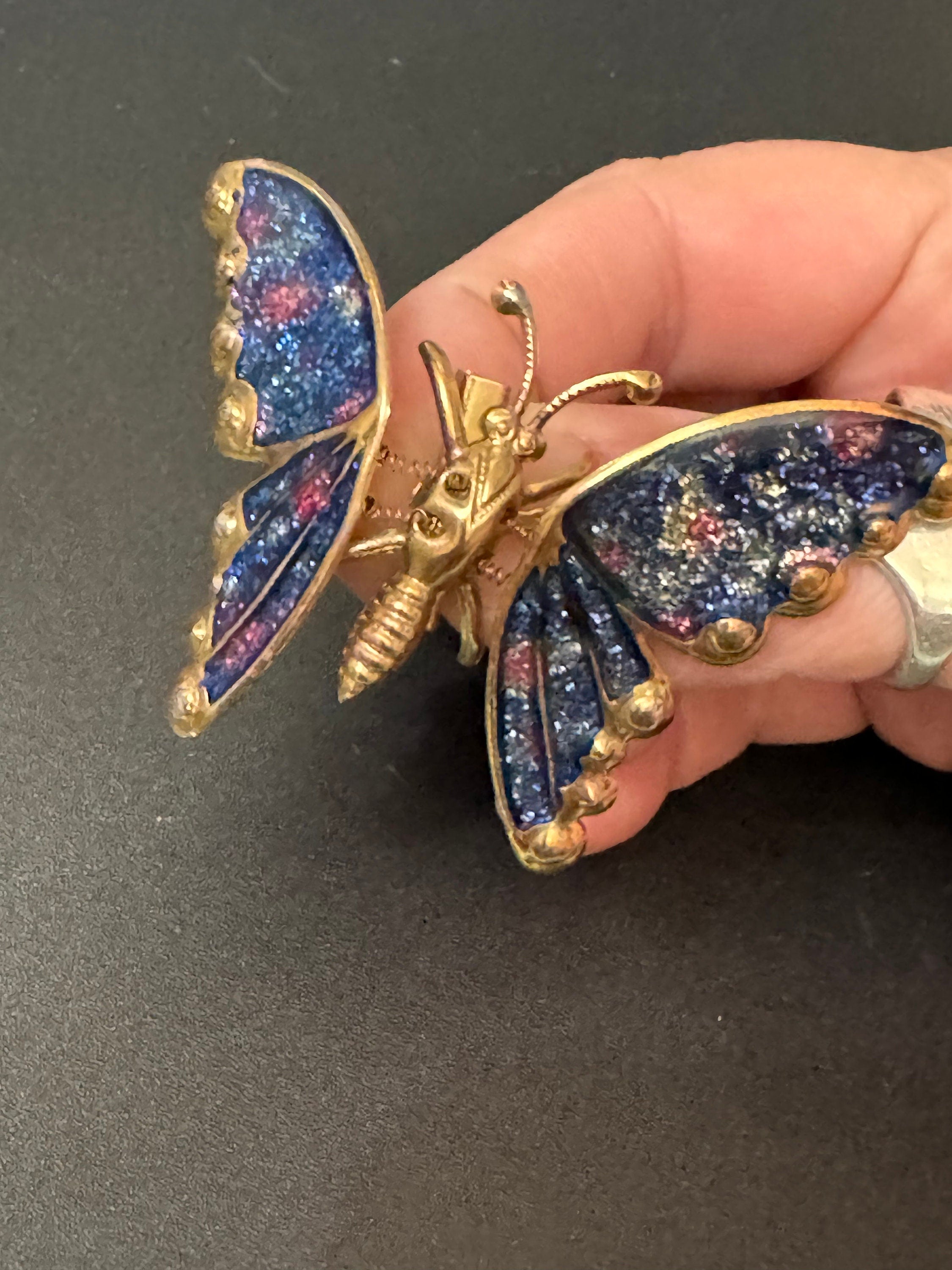 Vintage large gold tone brass blue pink  enamel butterfly brooch pin