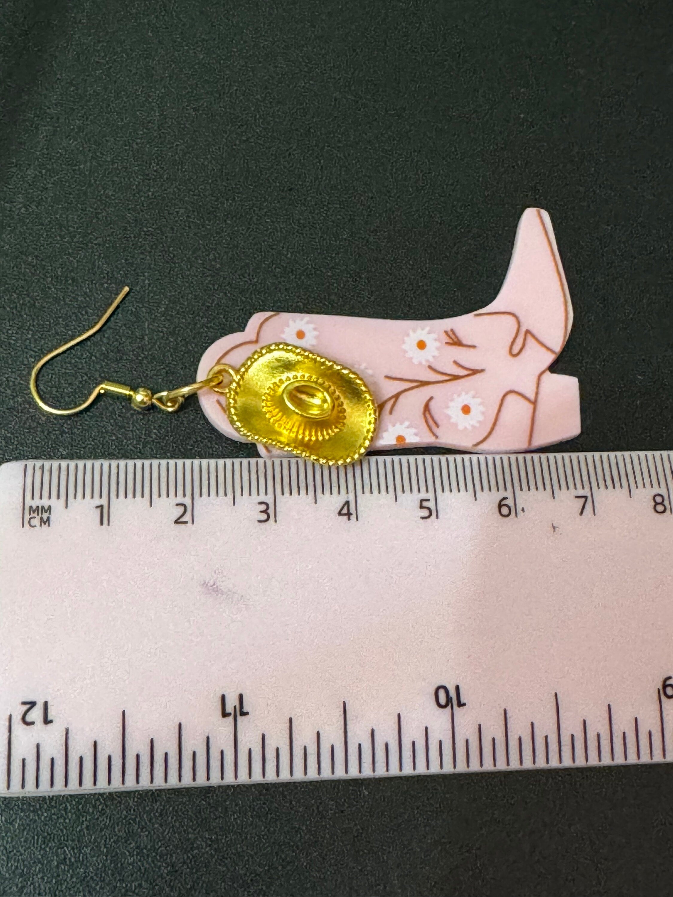 Western 2.0 pink cowboy boot and cowgirl hat long dangly earrings gold tone dolly disco jewellery