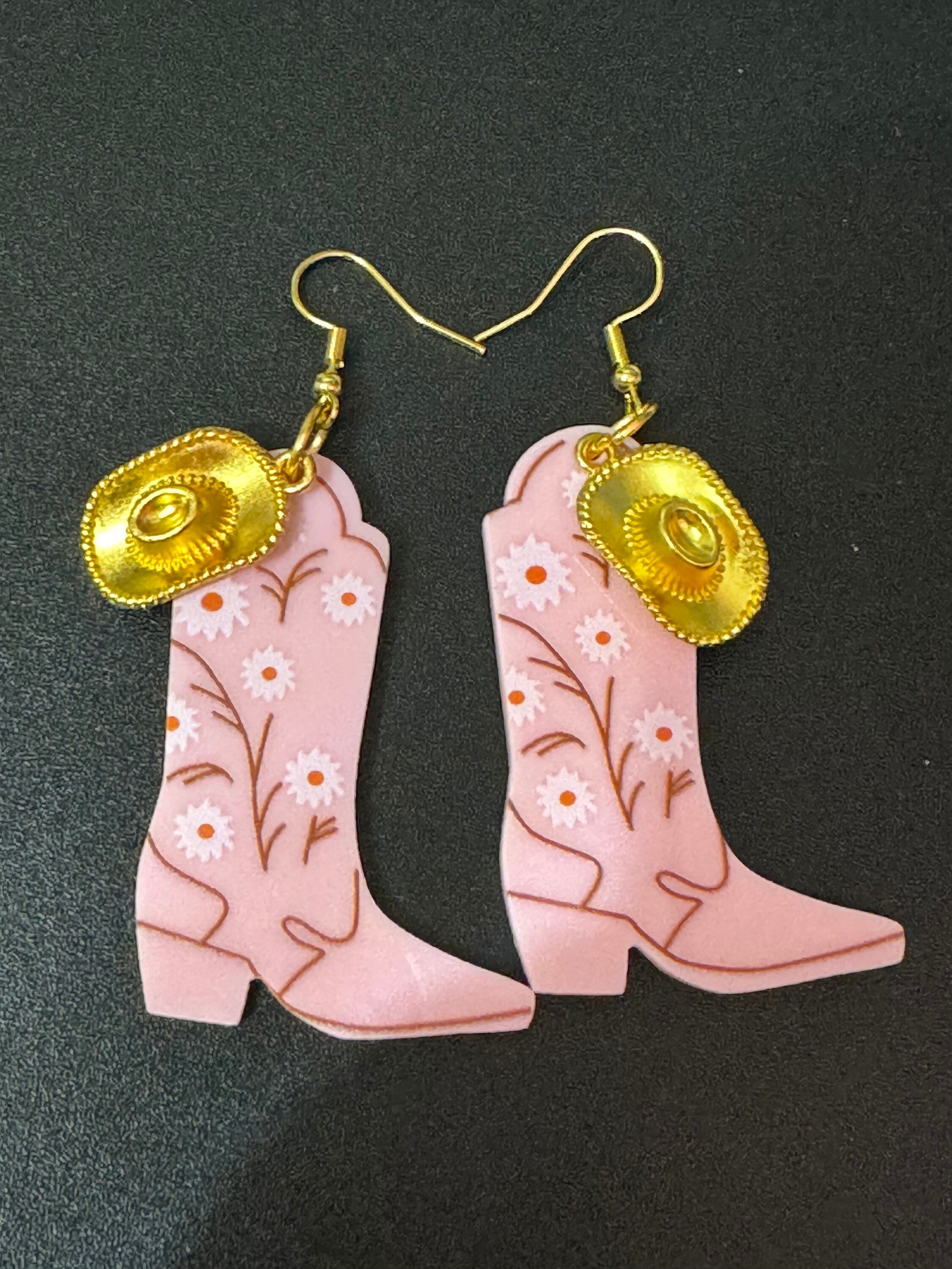 pink cowboy boot and cowgirl hat long dangly earrings gold tone western Yellowstone jewellery