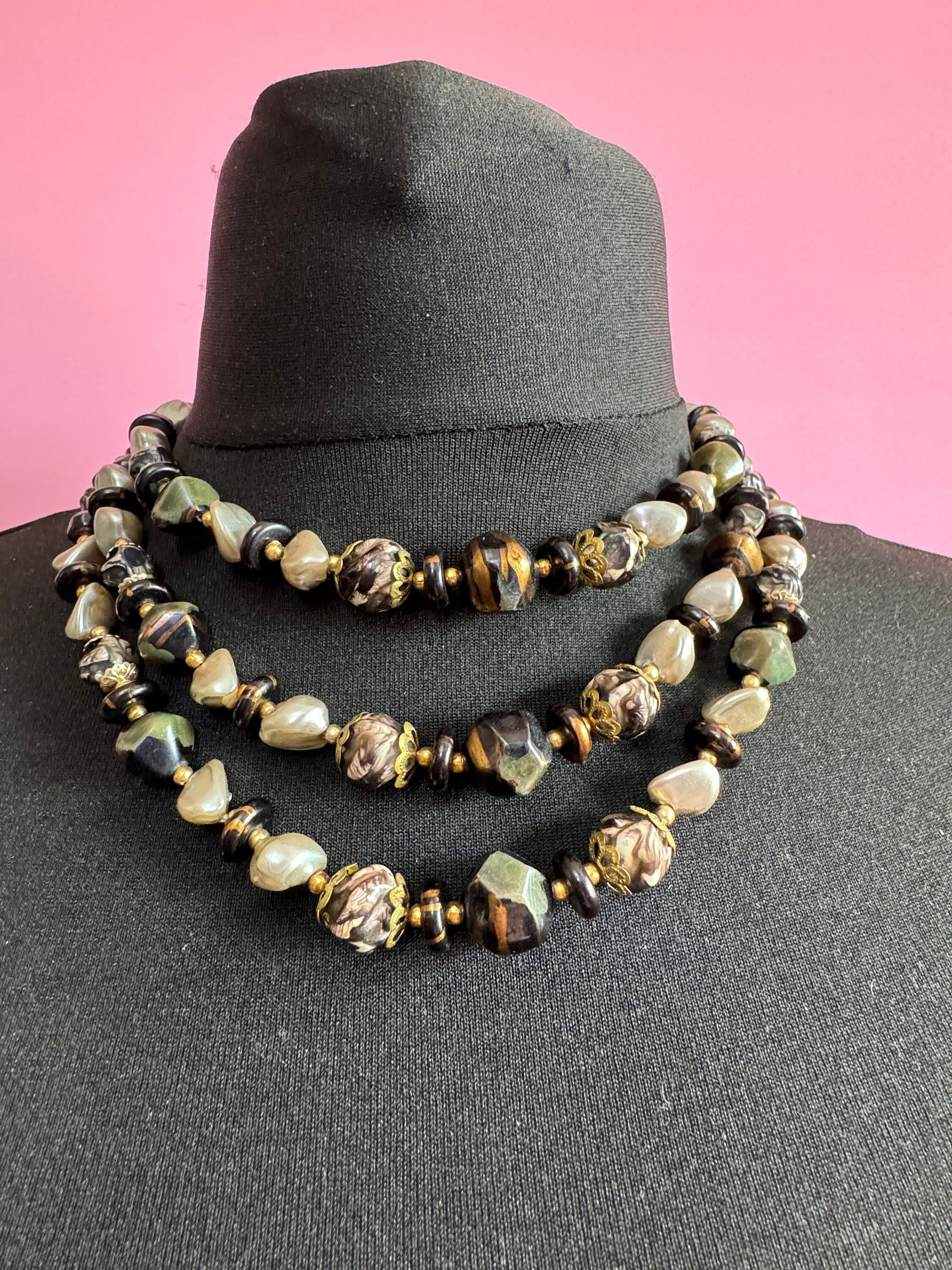 Vintage Faux Pearl Choker: Black & Grey Plastic Triple Strand Necklace