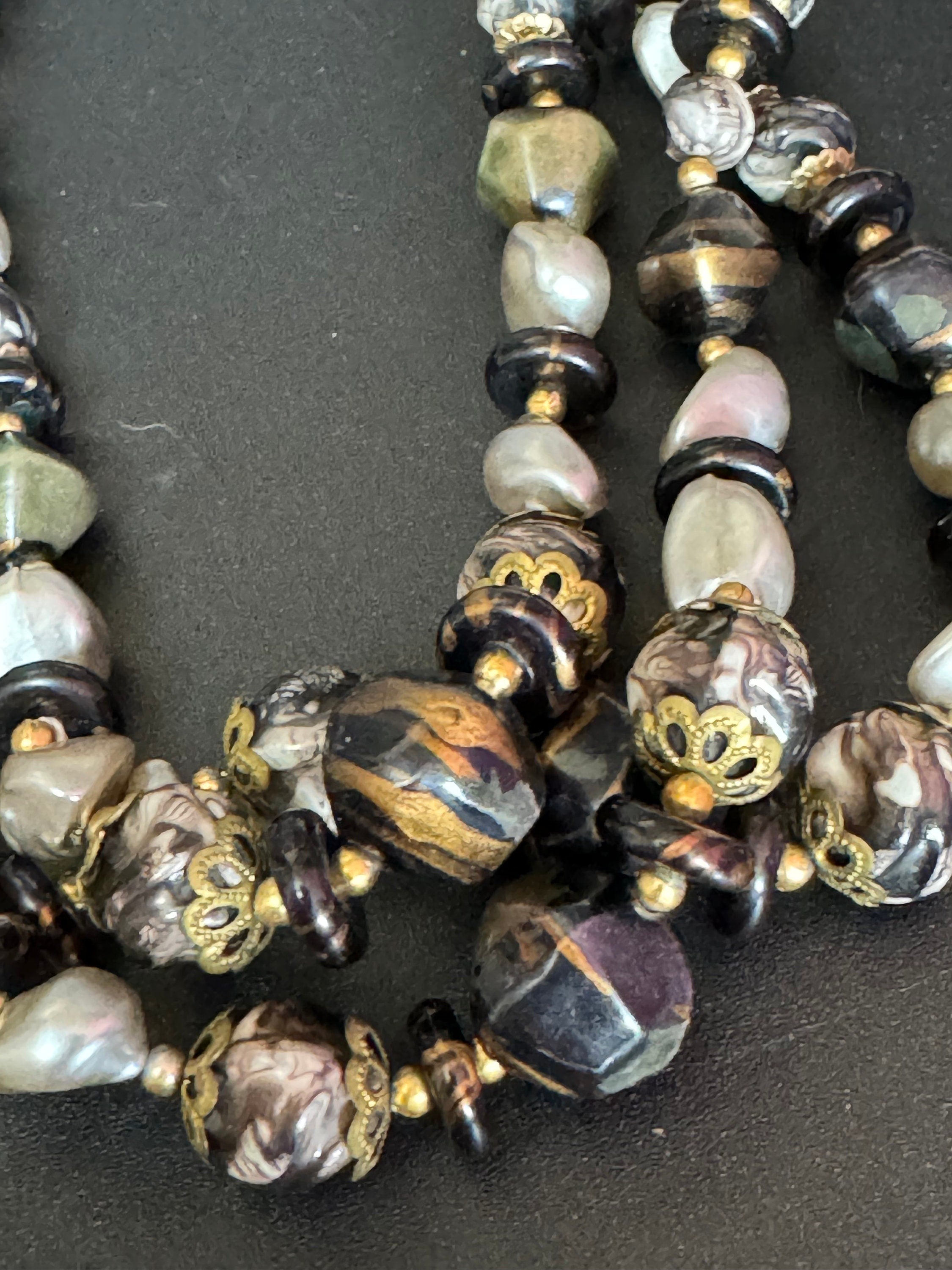 Vintage Faux Pearl Choker: Black & Grey Plastic Triple Strand Necklace