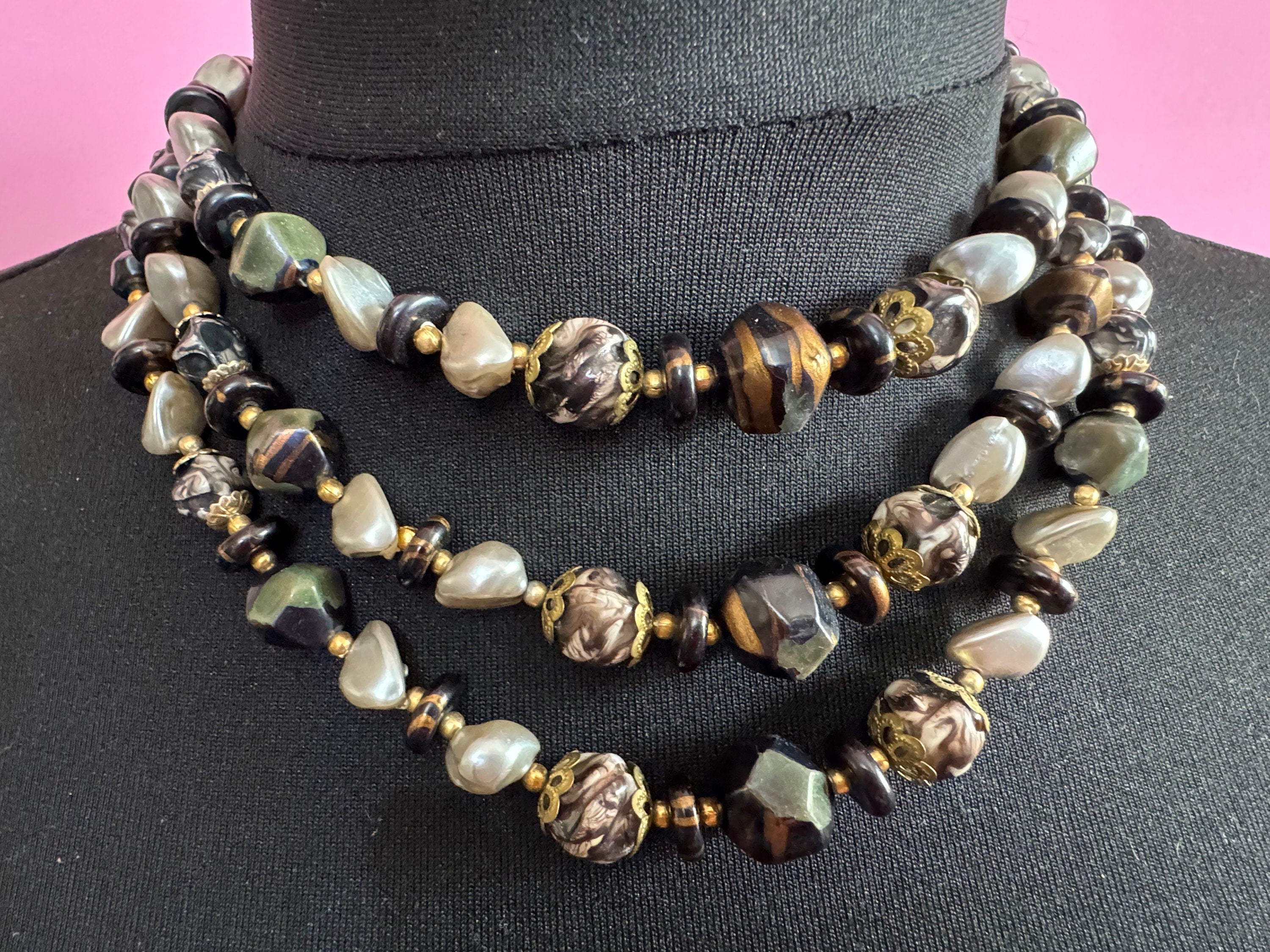 Vintage Faux Pearl Choker: Black & Grey Plastic Triple Strand Necklace