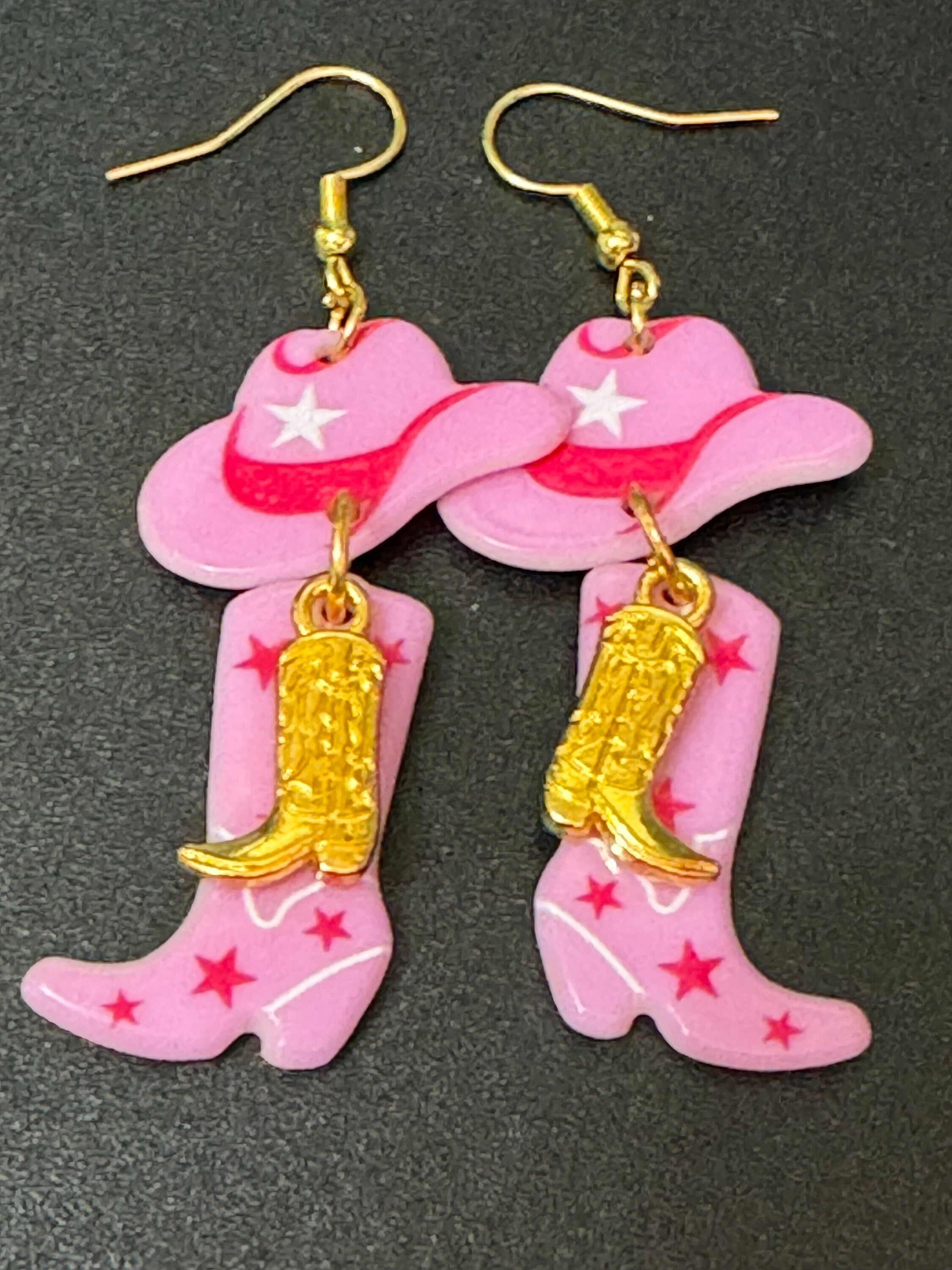 Cowgirl earrungs Western 2.0 pink cowboy boot and hat long dangly drops gold tone dolly disco jewellery