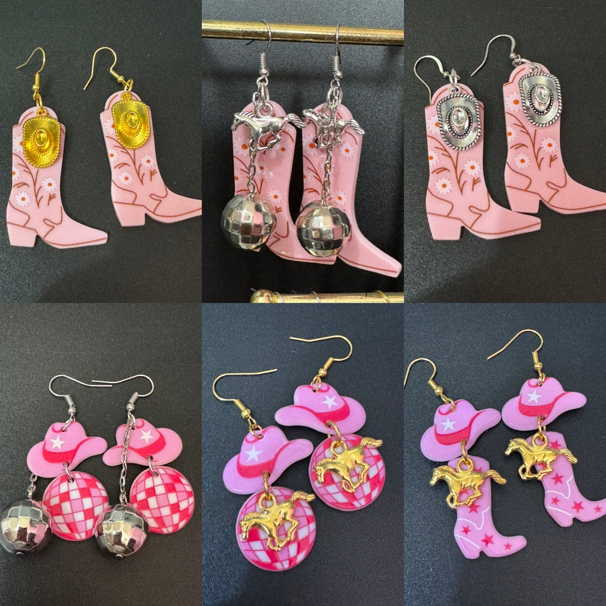 Cowgirl earrungs Western 2.0 pink cowboy boot and hat long dangly drops gold tone dolly disco jewellery