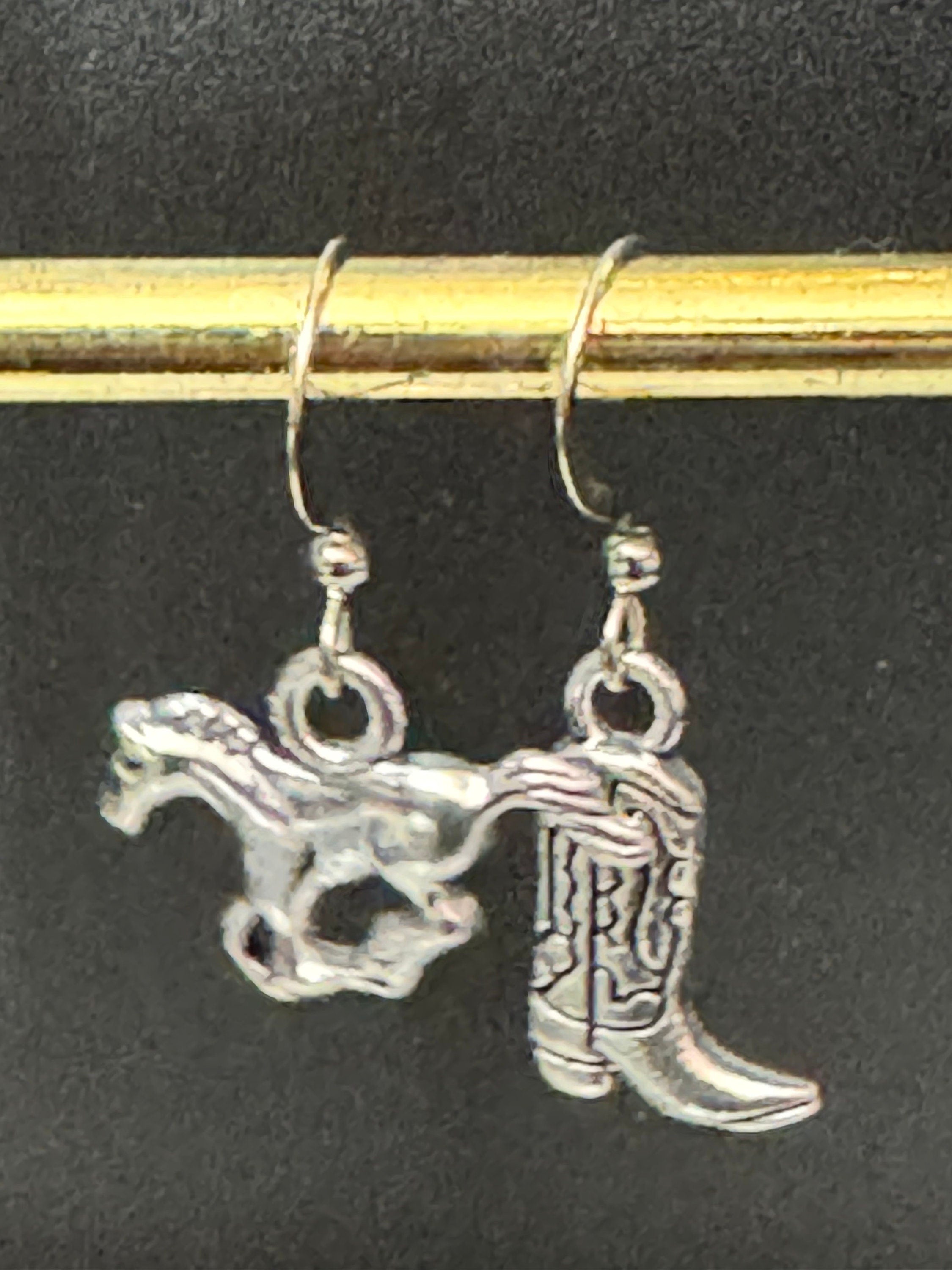 silver tone mismatched cowboy boots and horse small dangly earrings Dolly Parton western jewellery pierced
