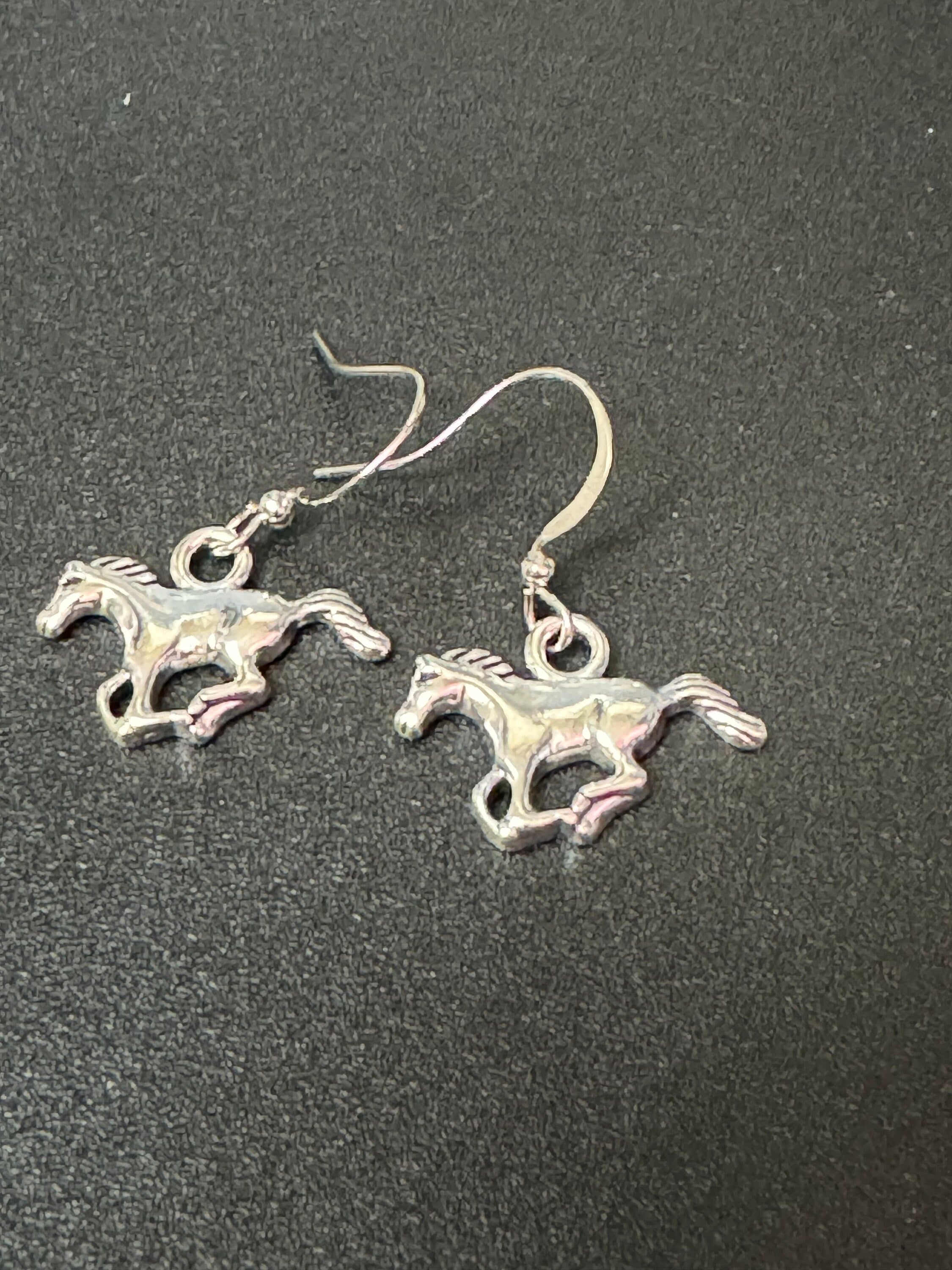 silver tone cowboy horse small dangly earrings Dolly Parton western jewellery pierced