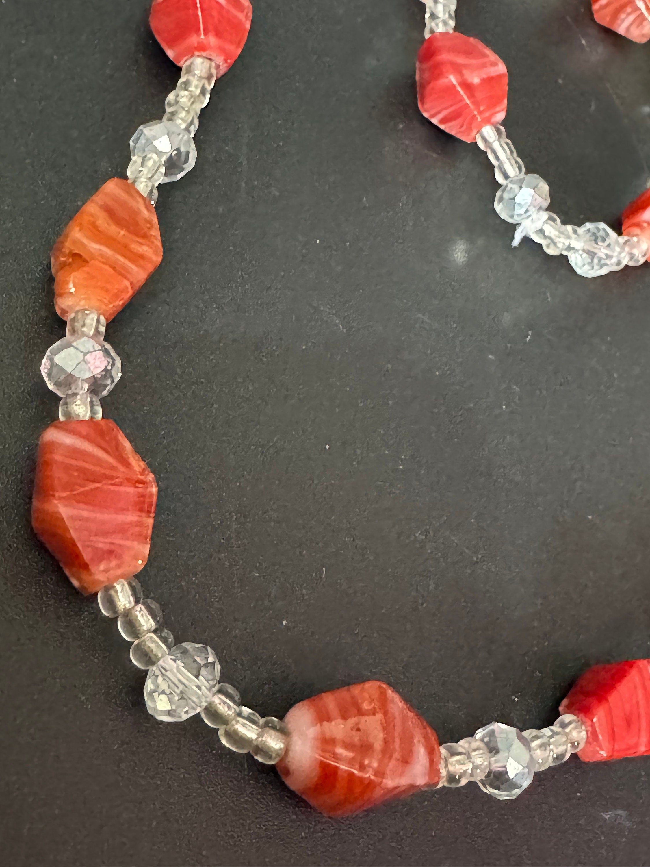 Signed Teng Yue orange tomato red and white and clear faceted glass beaded necklace and stretch bracelet jewellery set