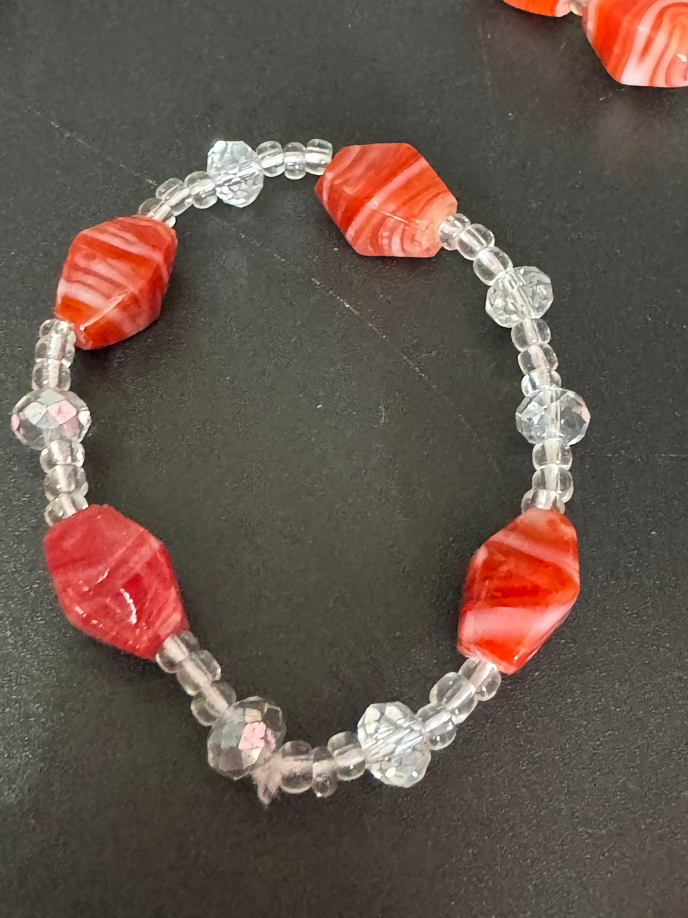 Signed Teng Yue orange tomato red and white and clear faceted glass beaded necklace and stretch bracelet jewellery set