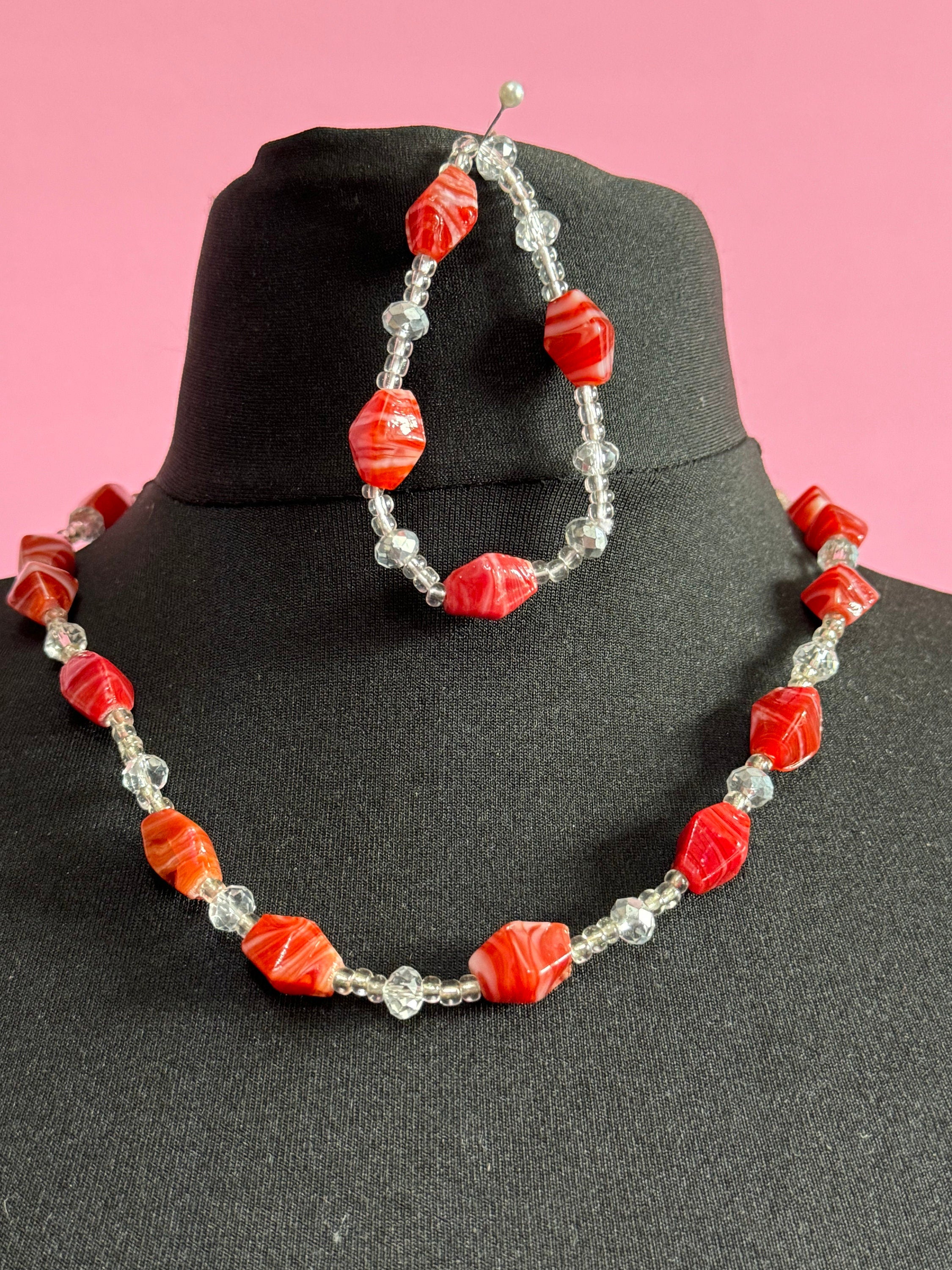 Signed Teng Yue orange tomato red and white and clear faceted glass beaded necklace and stretch bracelet jewellery set
