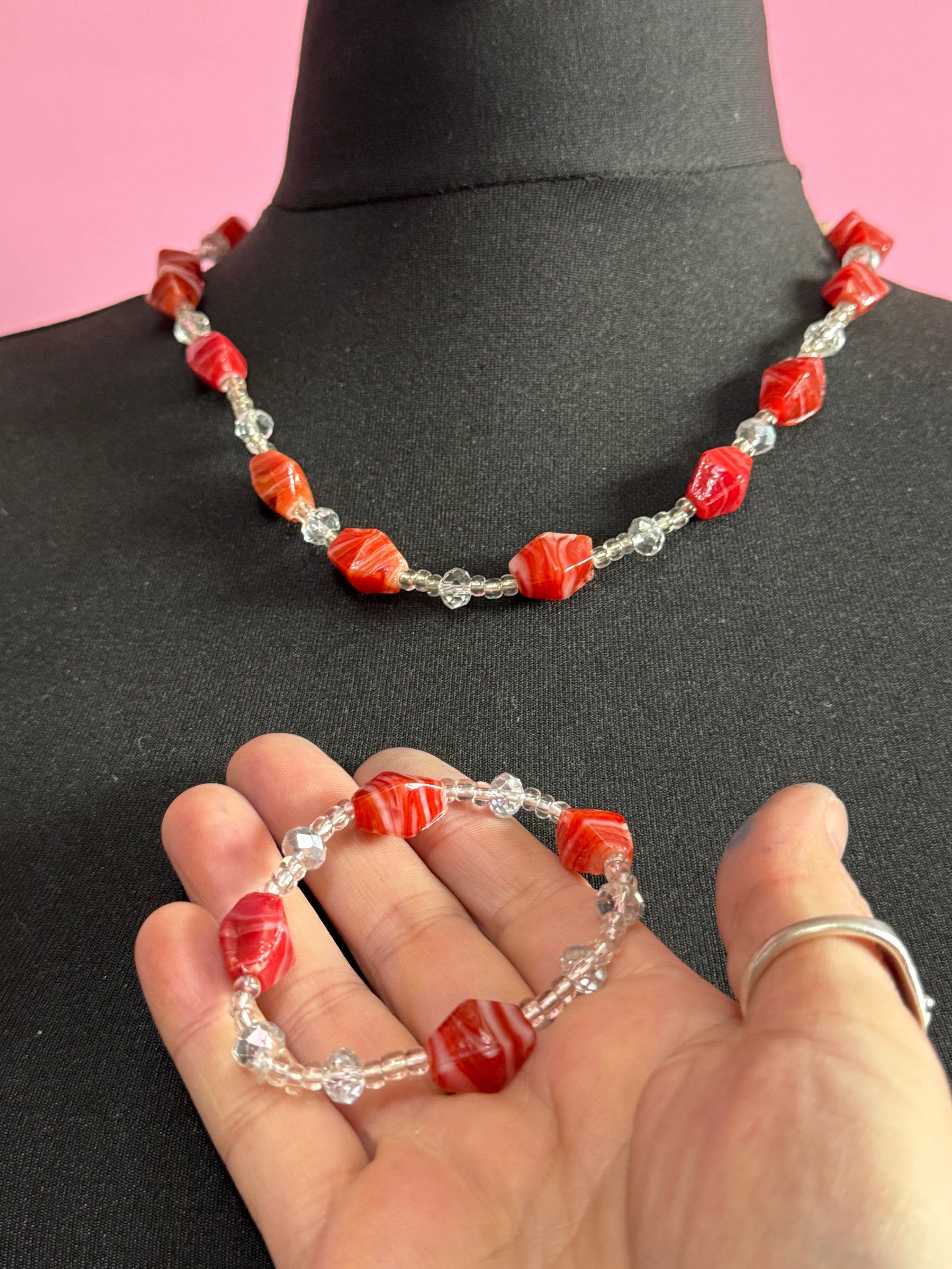 Signed Teng Yue orange tomato red and white and clear faceted glass beaded necklace and stretch bracelet jewellery set