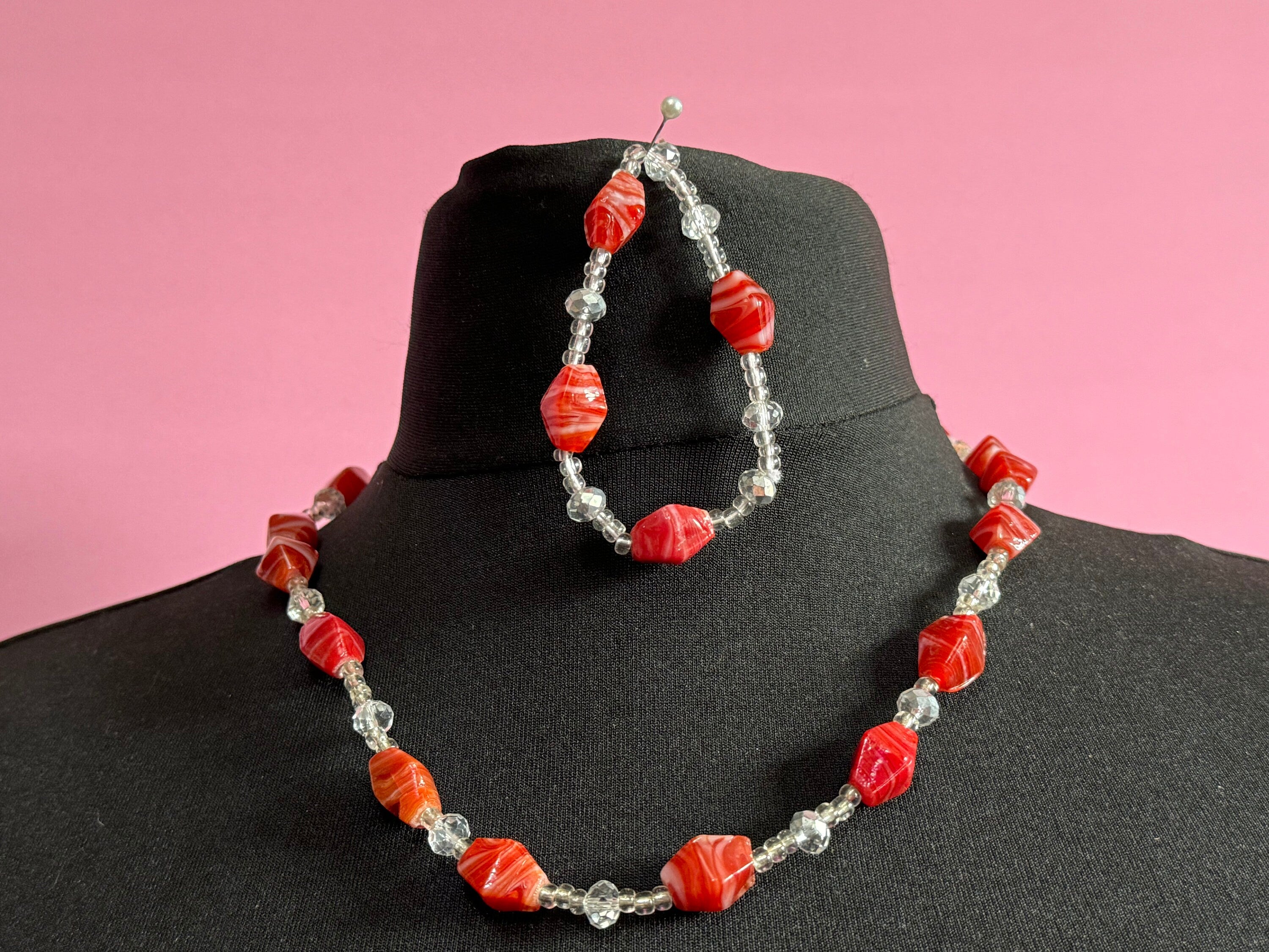 Signed Teng Yue orange tomato red and white and clear faceted glass beaded necklace and stretch bracelet jewellery set