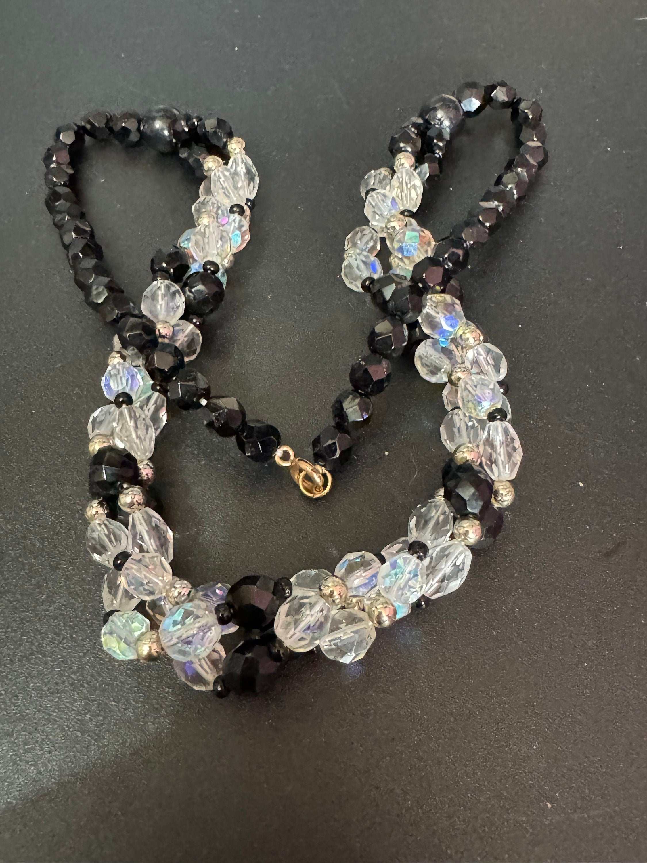 Art Deco Diamanté Beaded Necklace: Black & Clear Glass, Gatsby Style