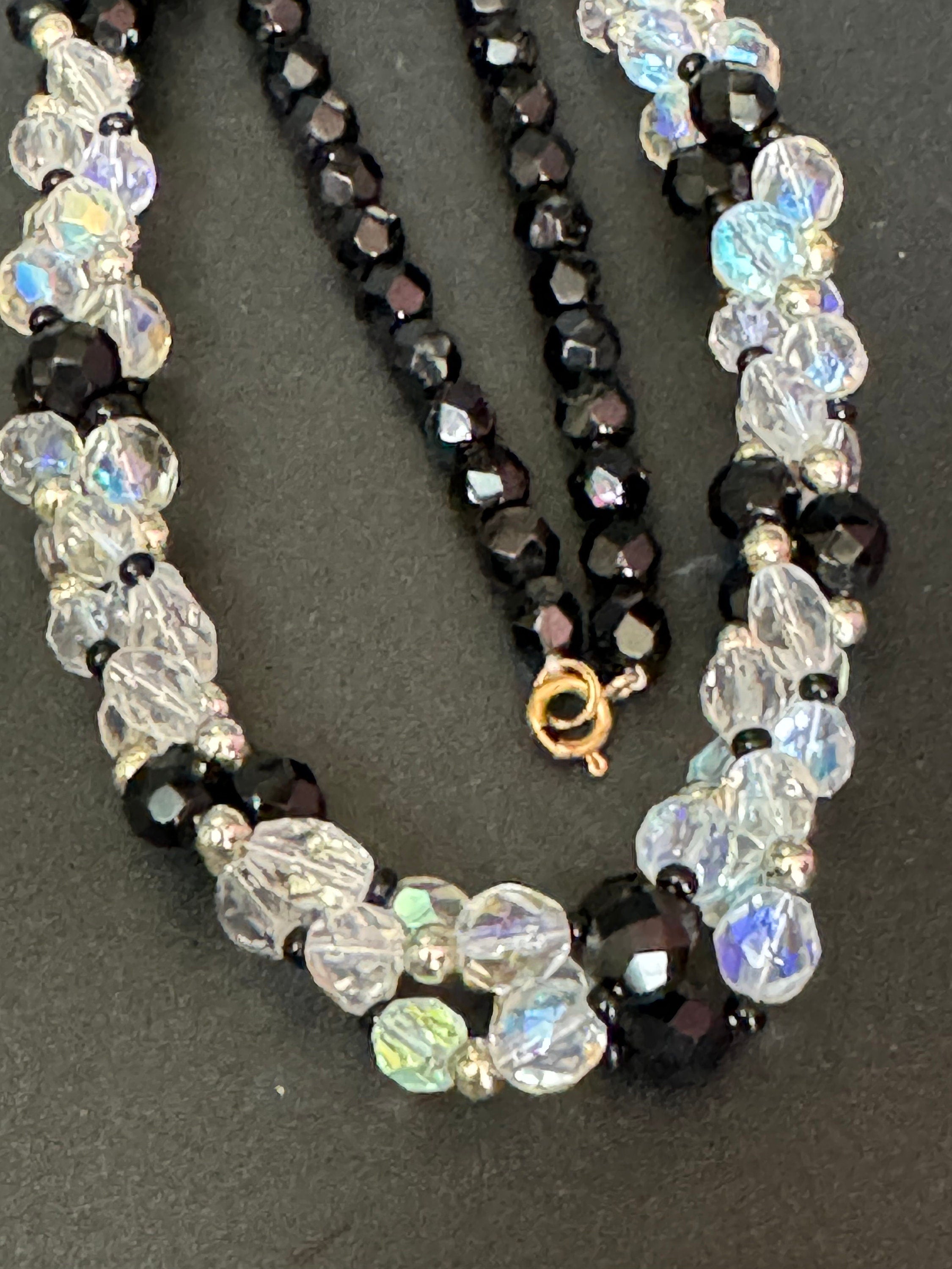 Art Deco Diamanté Beaded Necklace: Black & Clear Glass, Gatsby Style