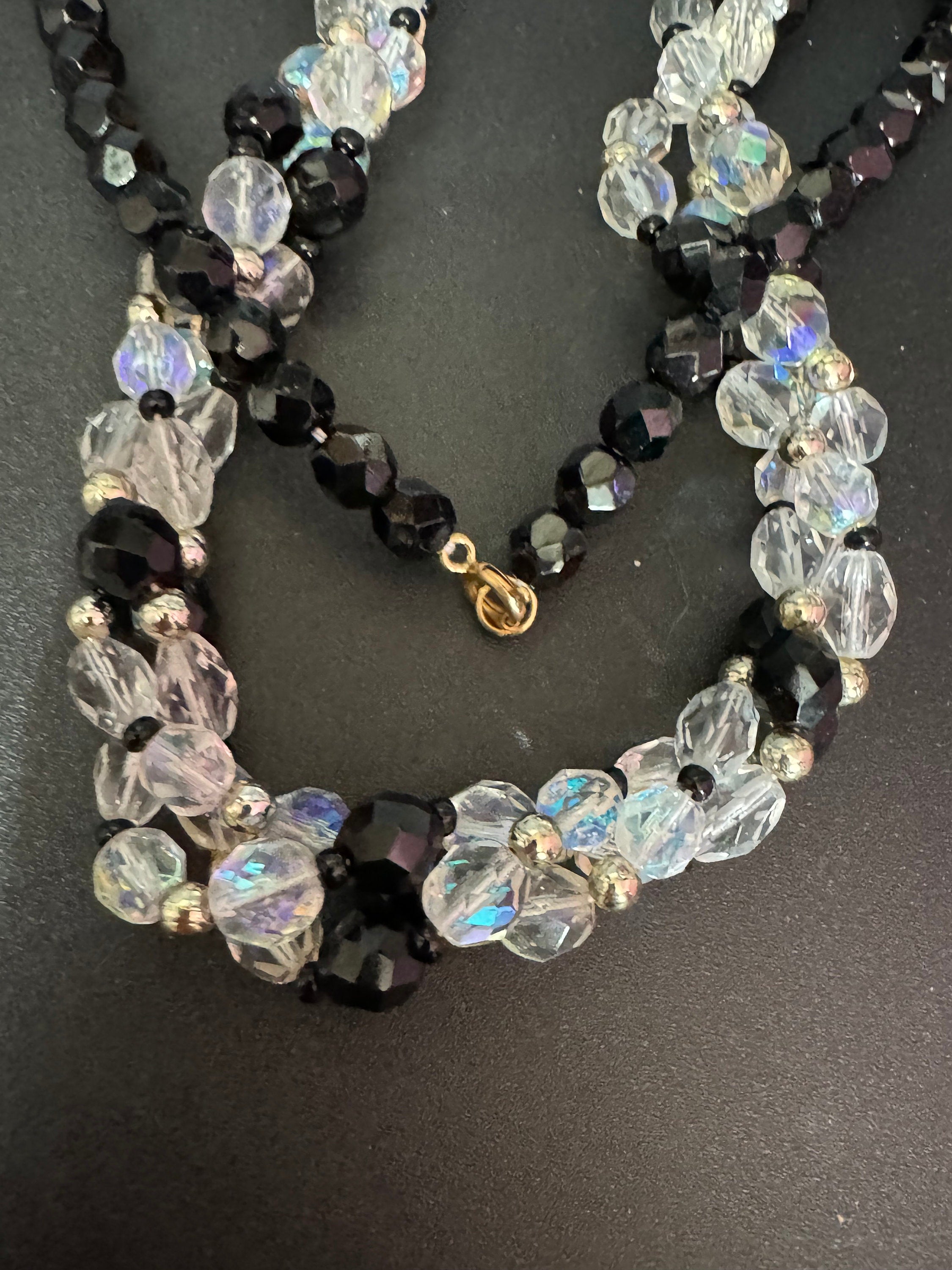 Art Deco Diamanté Beaded Necklace: Black & Clear Glass, Gatsby Style