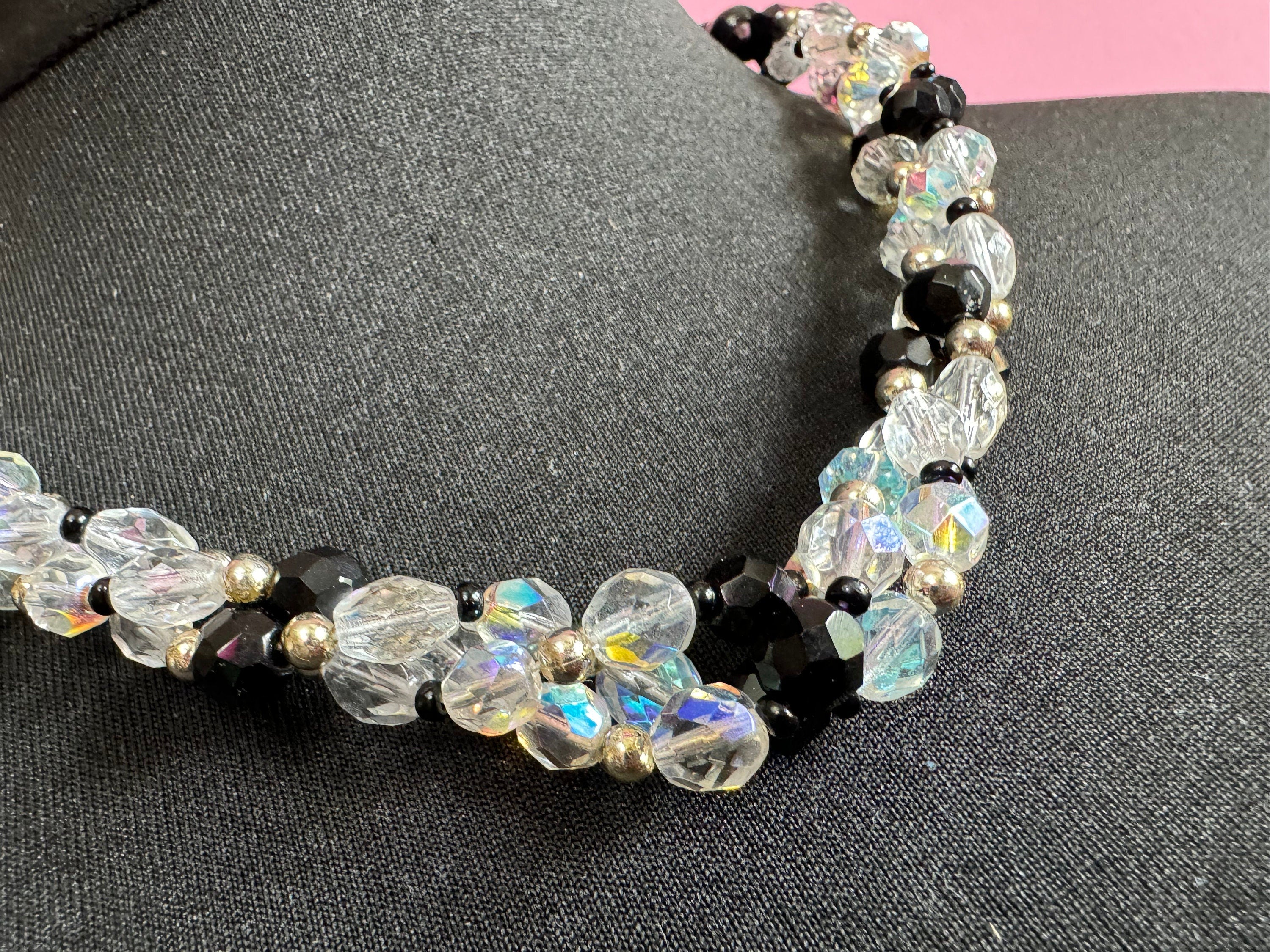 Art Deco Diamanté Beaded Necklace: Black & Clear Glass, Gatsby Style