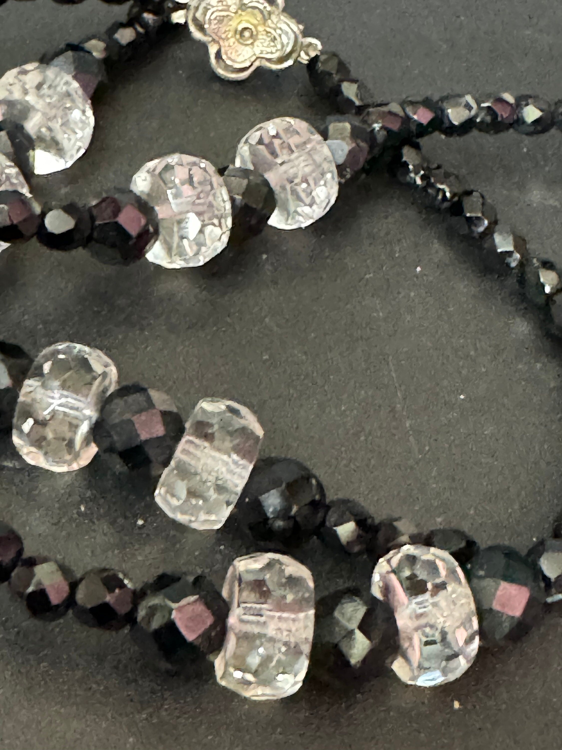 Vintage faceted black and clear glass beaded bead necklace rhinestone clasp 70cm monochrome