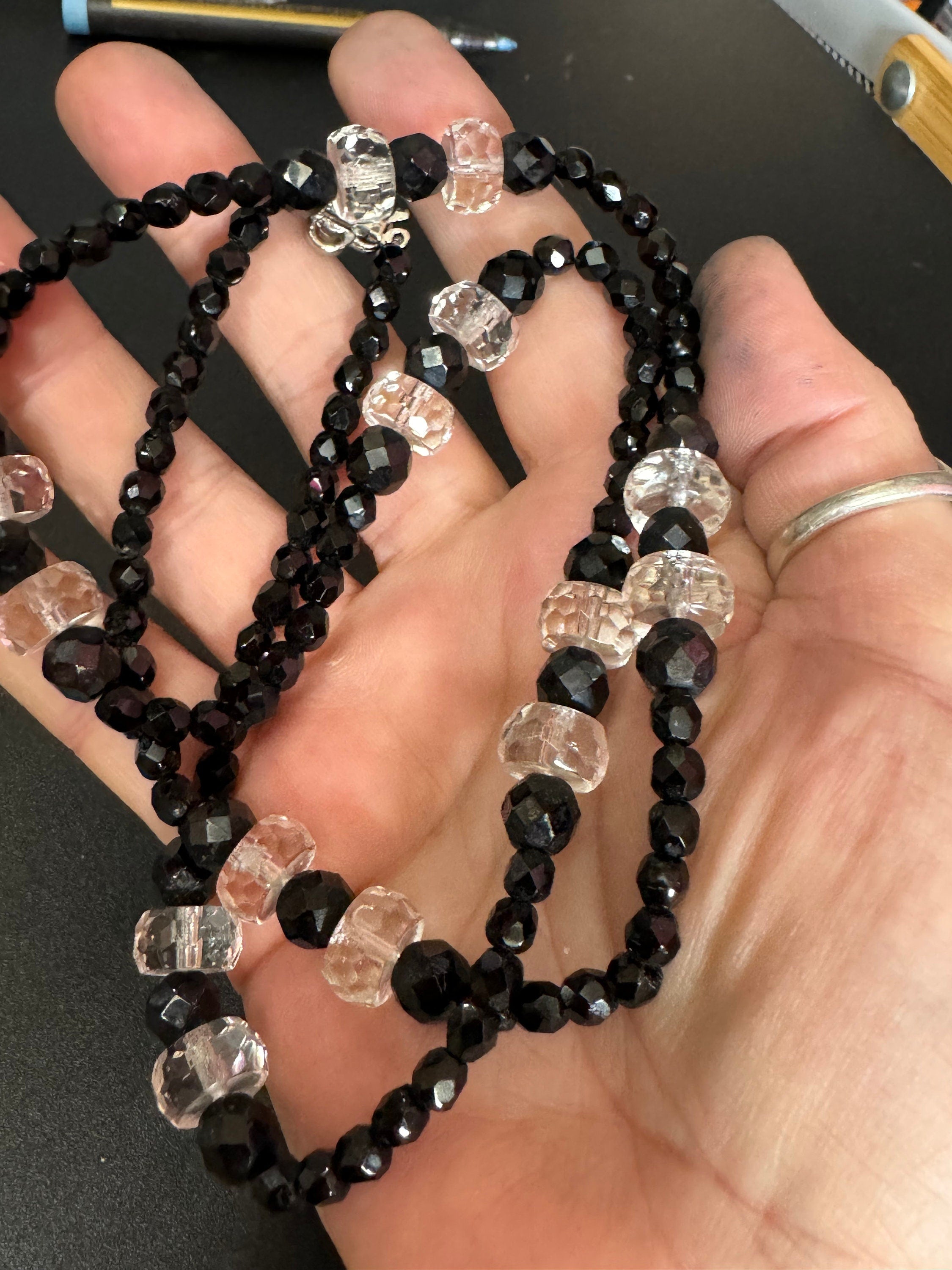 Vintage faceted black and clear glass beaded bead necklace rhinestone clasp 70cm monochrome