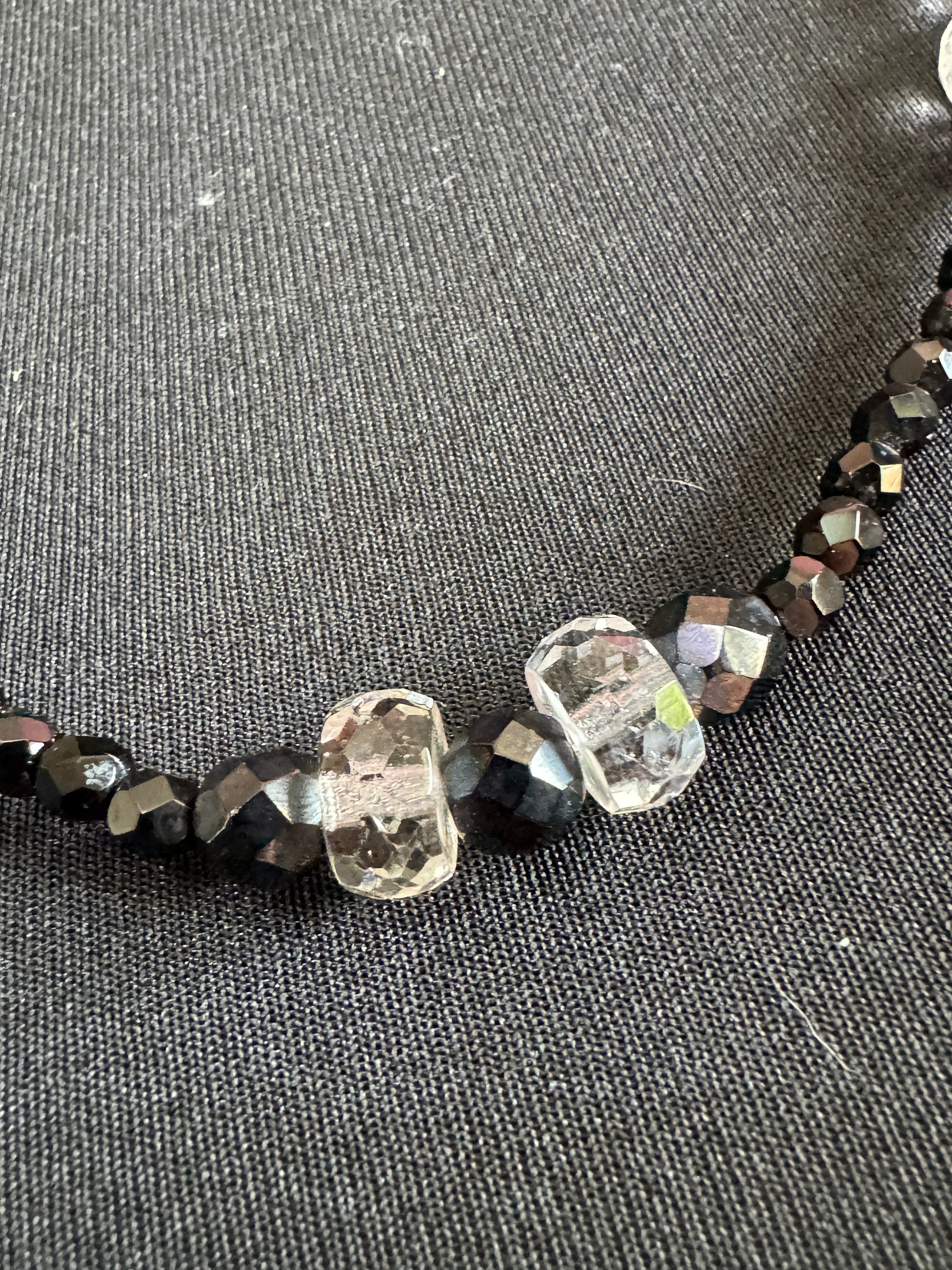 Vintage faceted black and clear glass beaded bead necklace rhinestone clasp 70cm monochrome