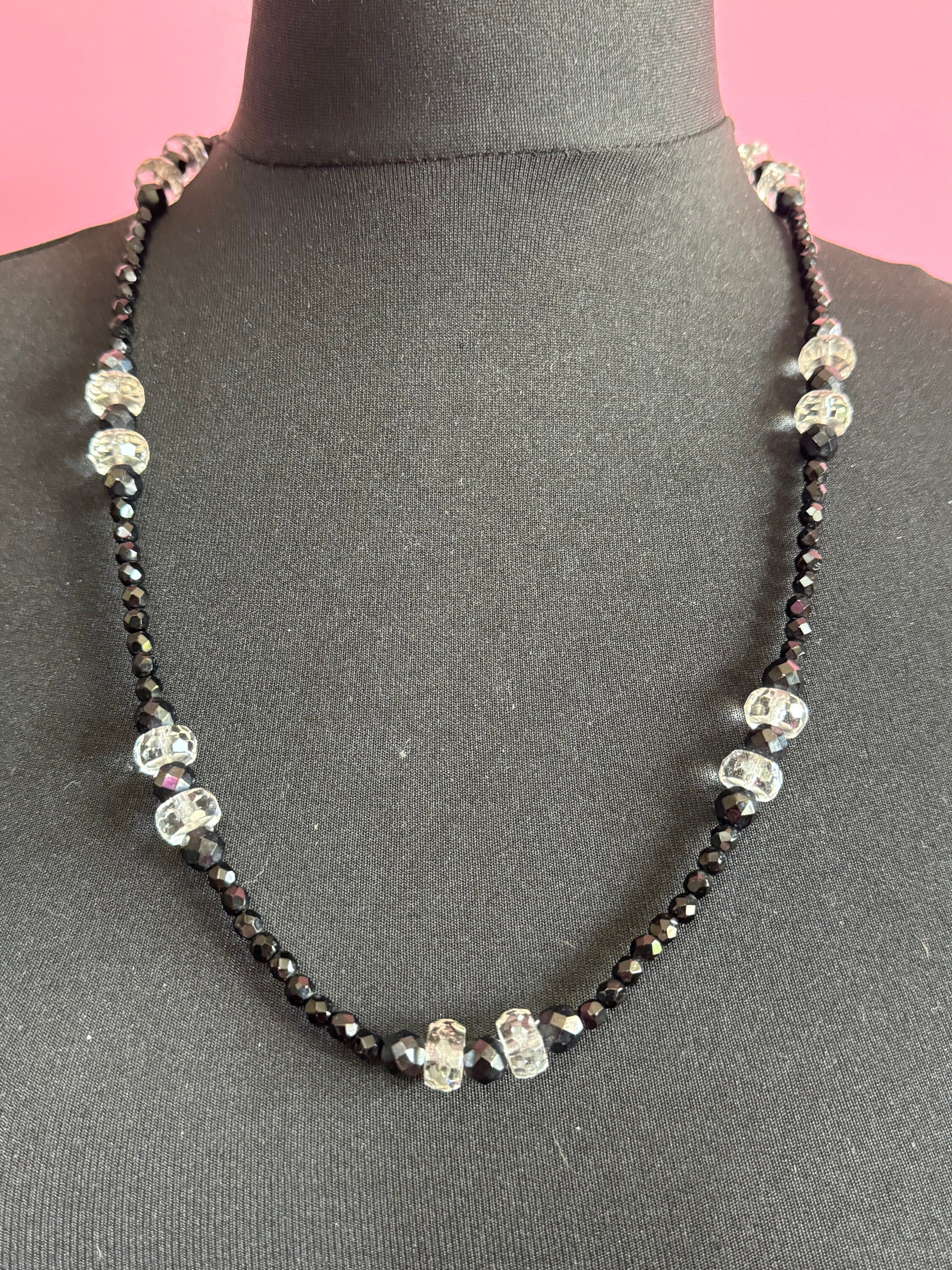 Vintage faceted black and clear glass beaded bead necklace rhinestone clasp 70cm monochrome