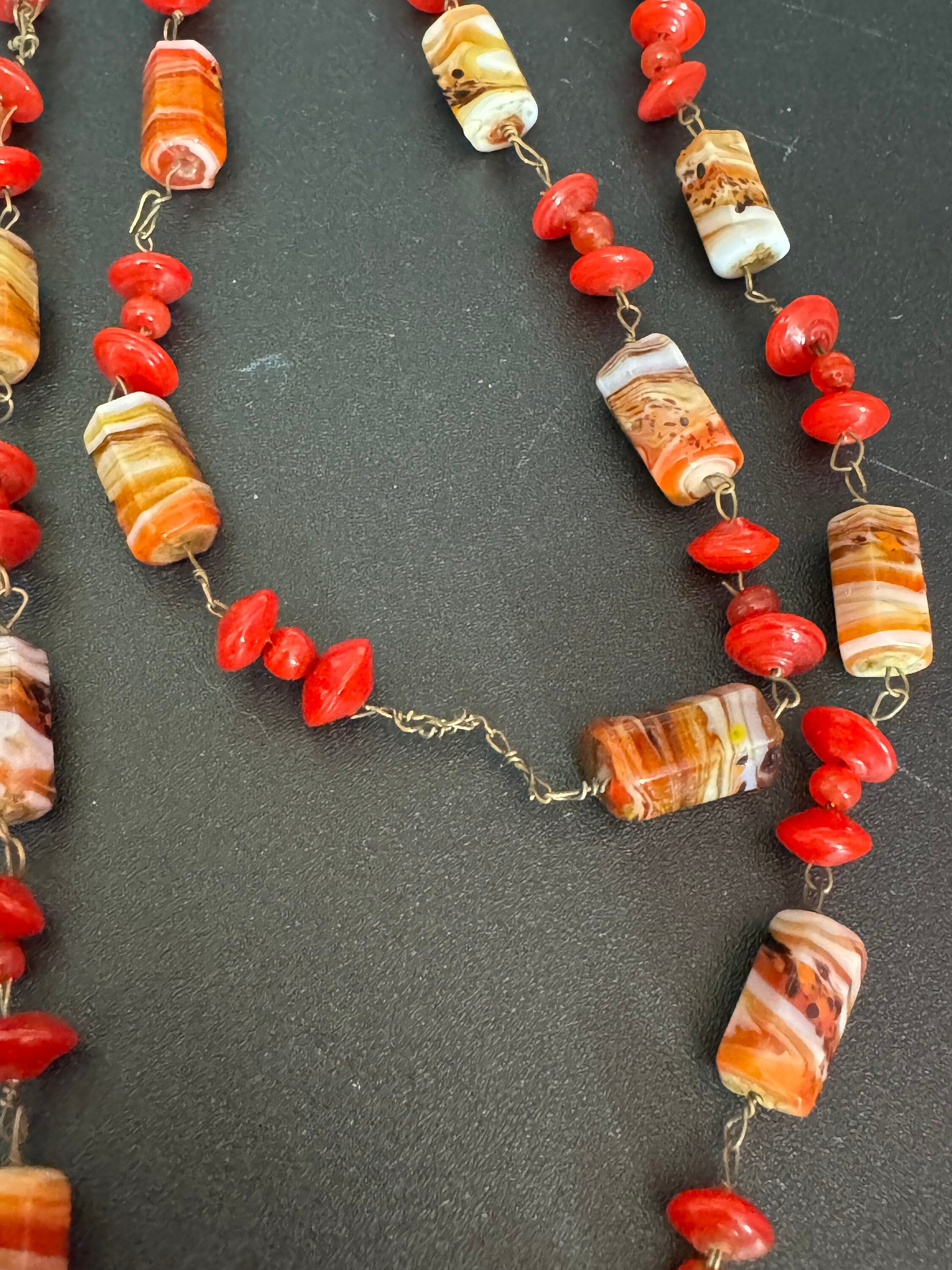 Vintage red orange white glass ceramic beaded gilt metal chain link long end of day bead necklace 72cm