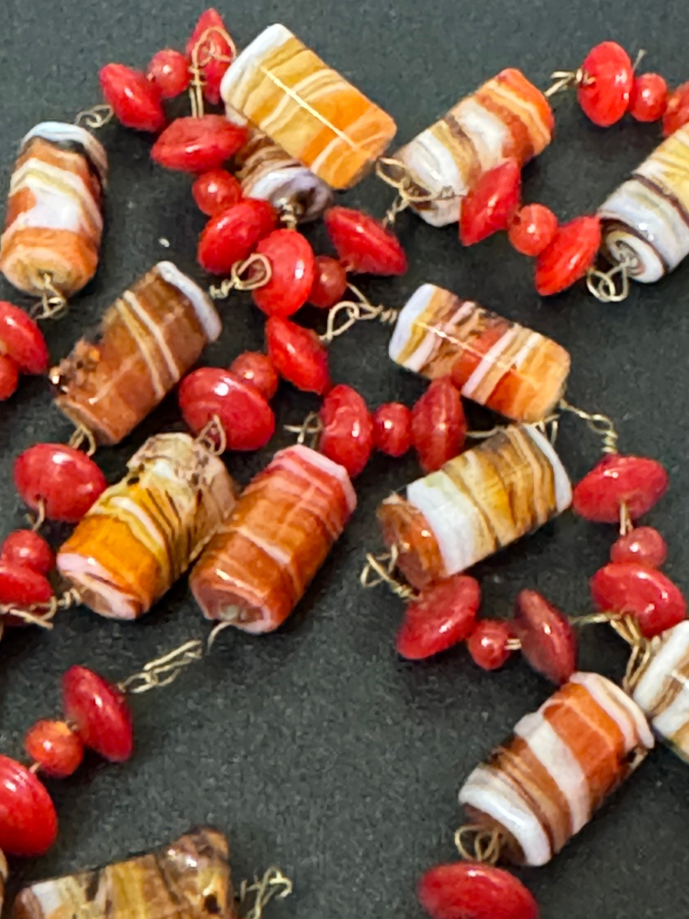 Vintage red orange white glass ceramic beaded gilt metal chain link long end of day bead necklace 72cm
