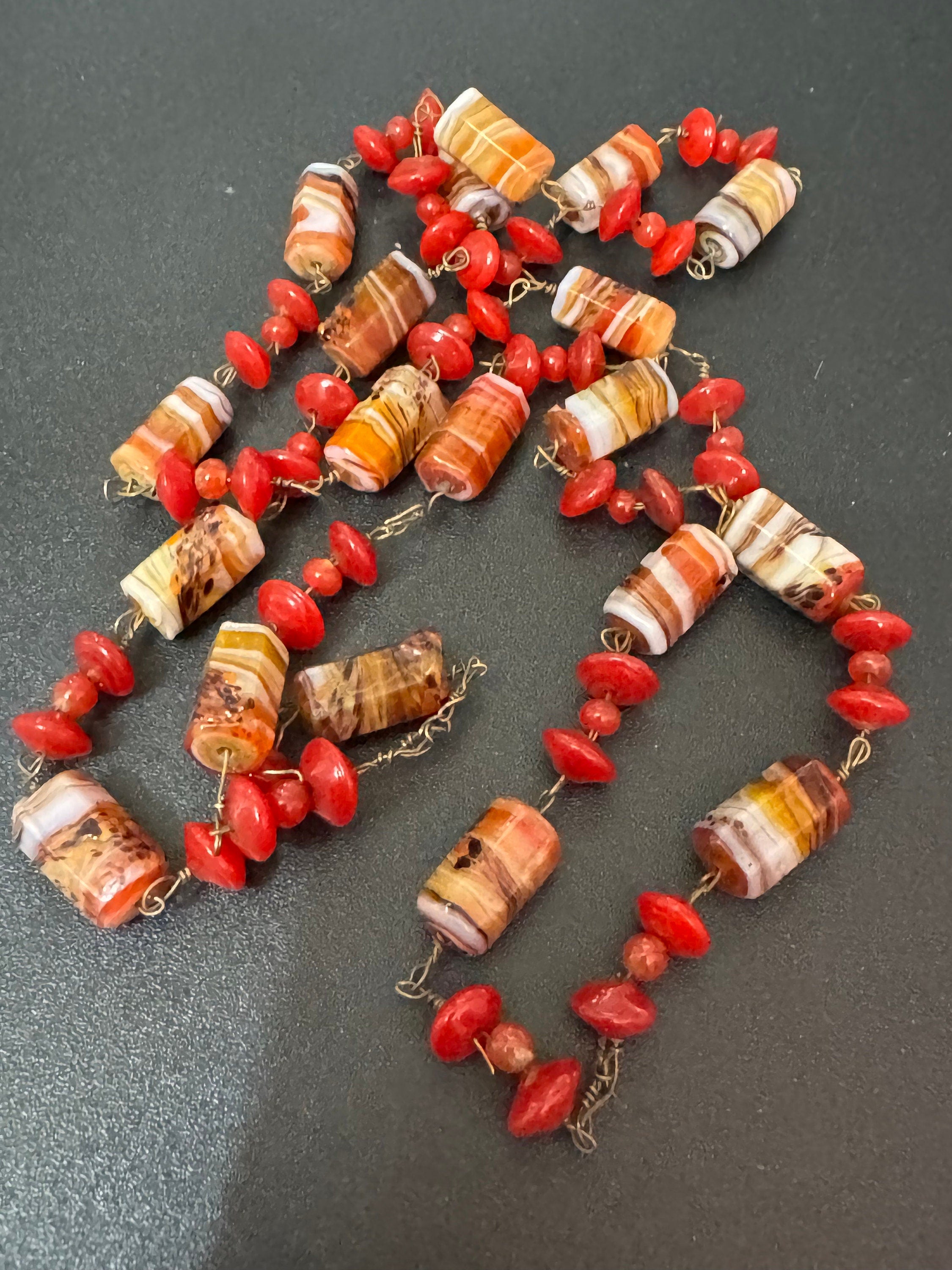 Vintage red orange white glass ceramic beaded gilt metal chain link long end of day bead necklace 72cm