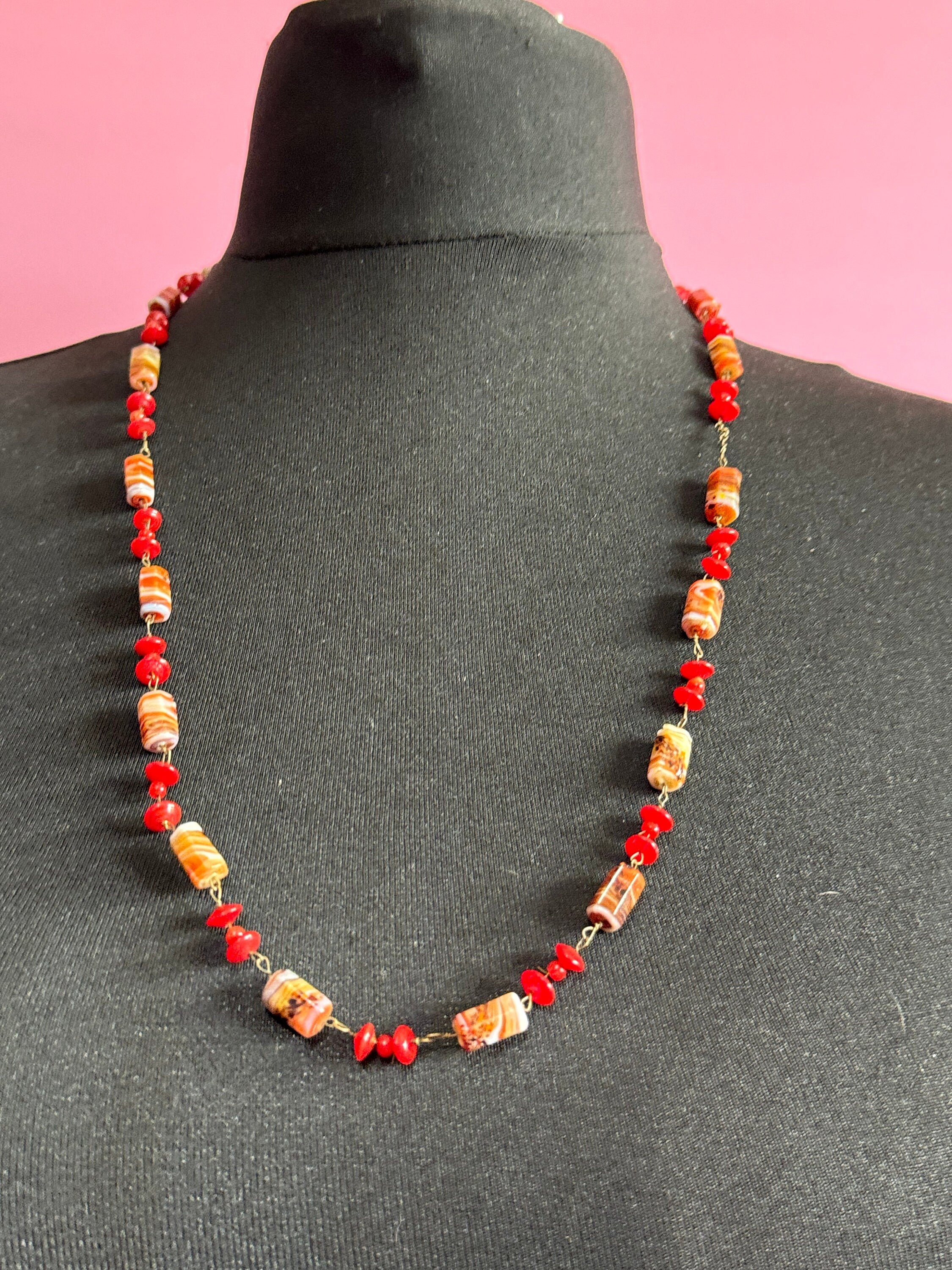 Vintage red orange white glass ceramic beaded gilt metal chain link long end of day bead necklace 72cm
