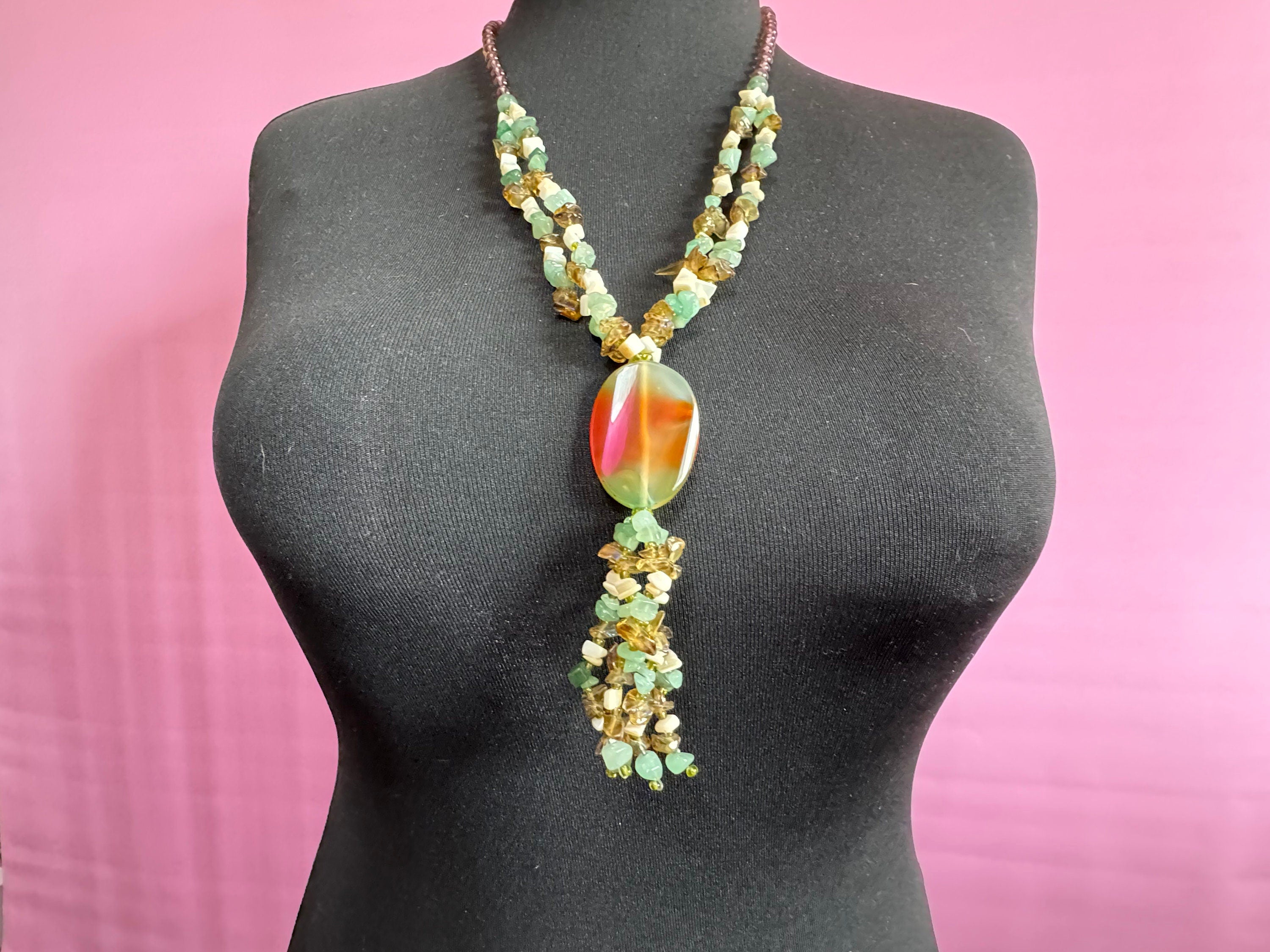 Vintage natural green lilac purple agate gemstone beaded pendant drop necklace gold tone Adventurine 72cm
