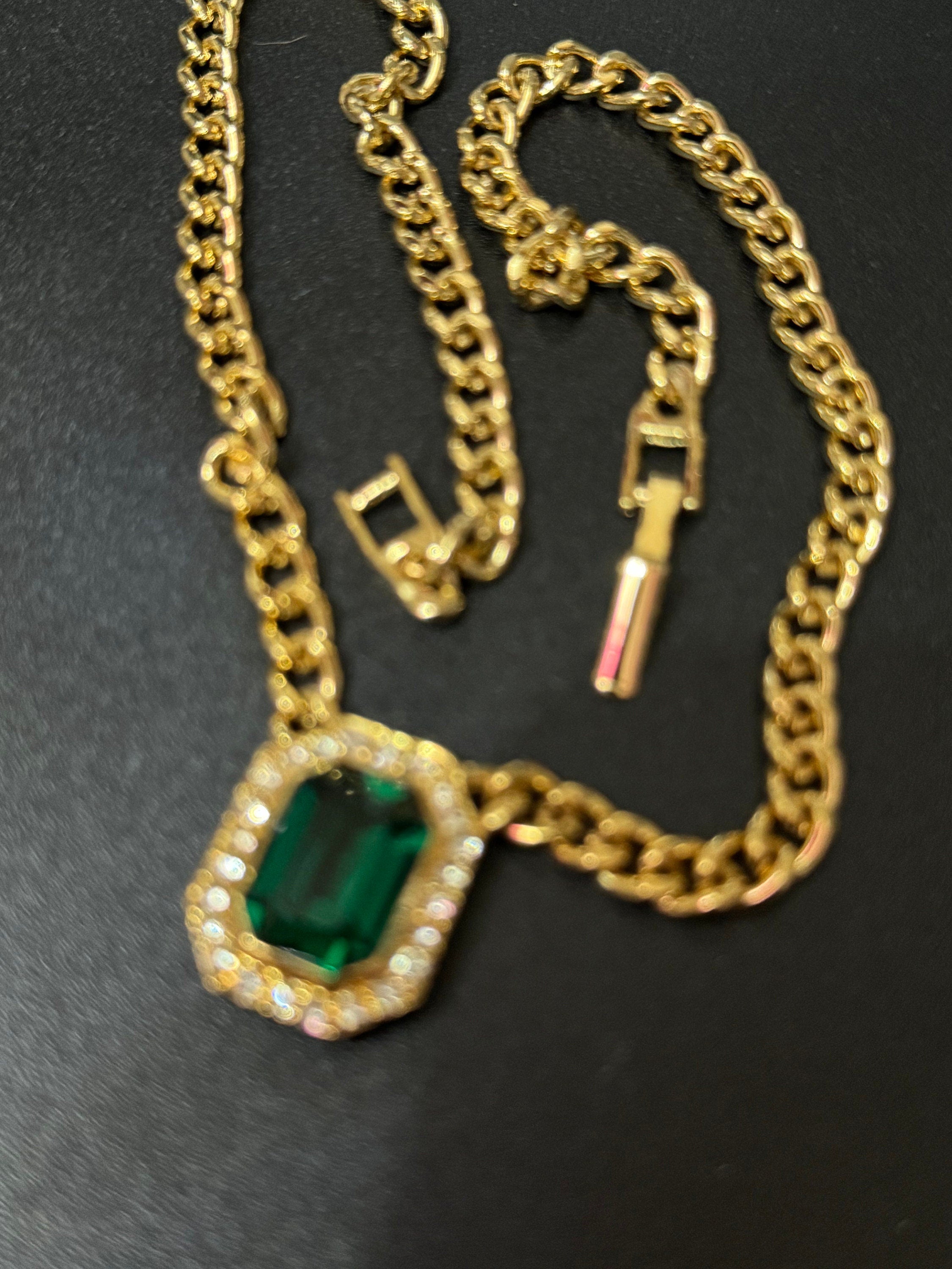Vintage 1980s Swarovski crystal set emerald green and clear diamanté octagonal pendant necklace gold tone high end old shop stock