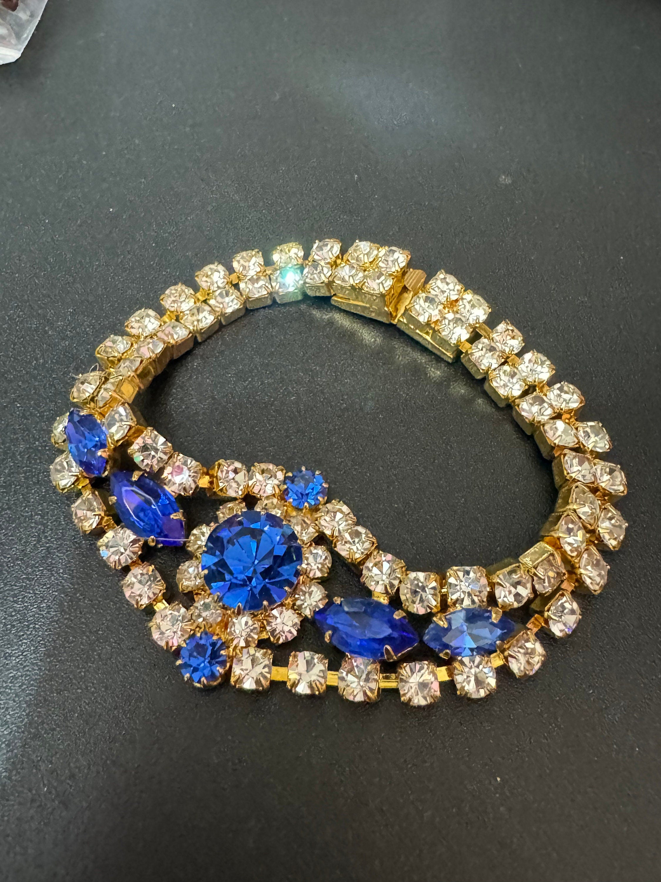 Vintage Diamanté silver tone sapphire blue glass rhinestone cocktail Bracelet