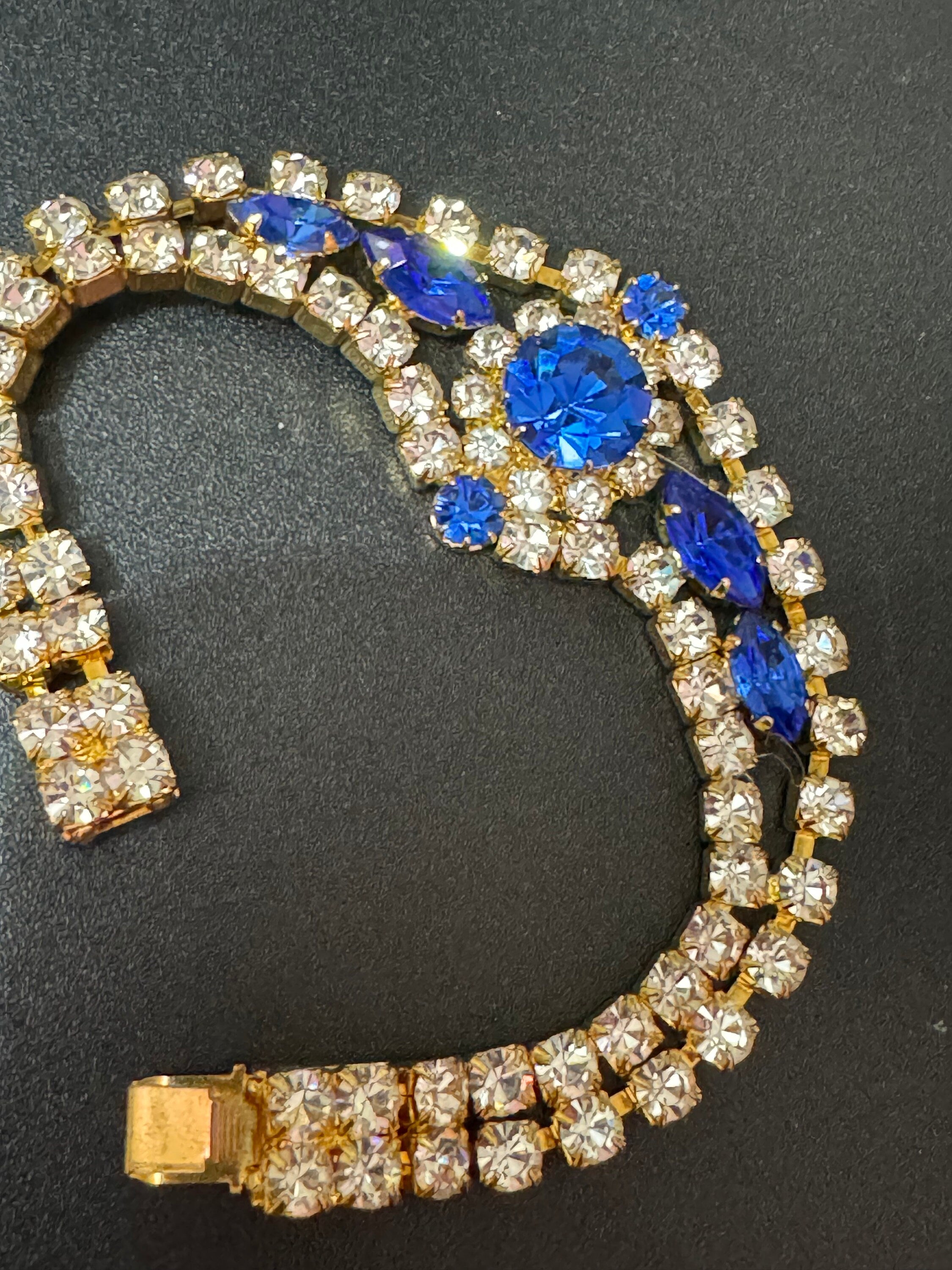 Vintage Diamanté silver tone sapphire blue glass rhinestone cocktail Bracelet