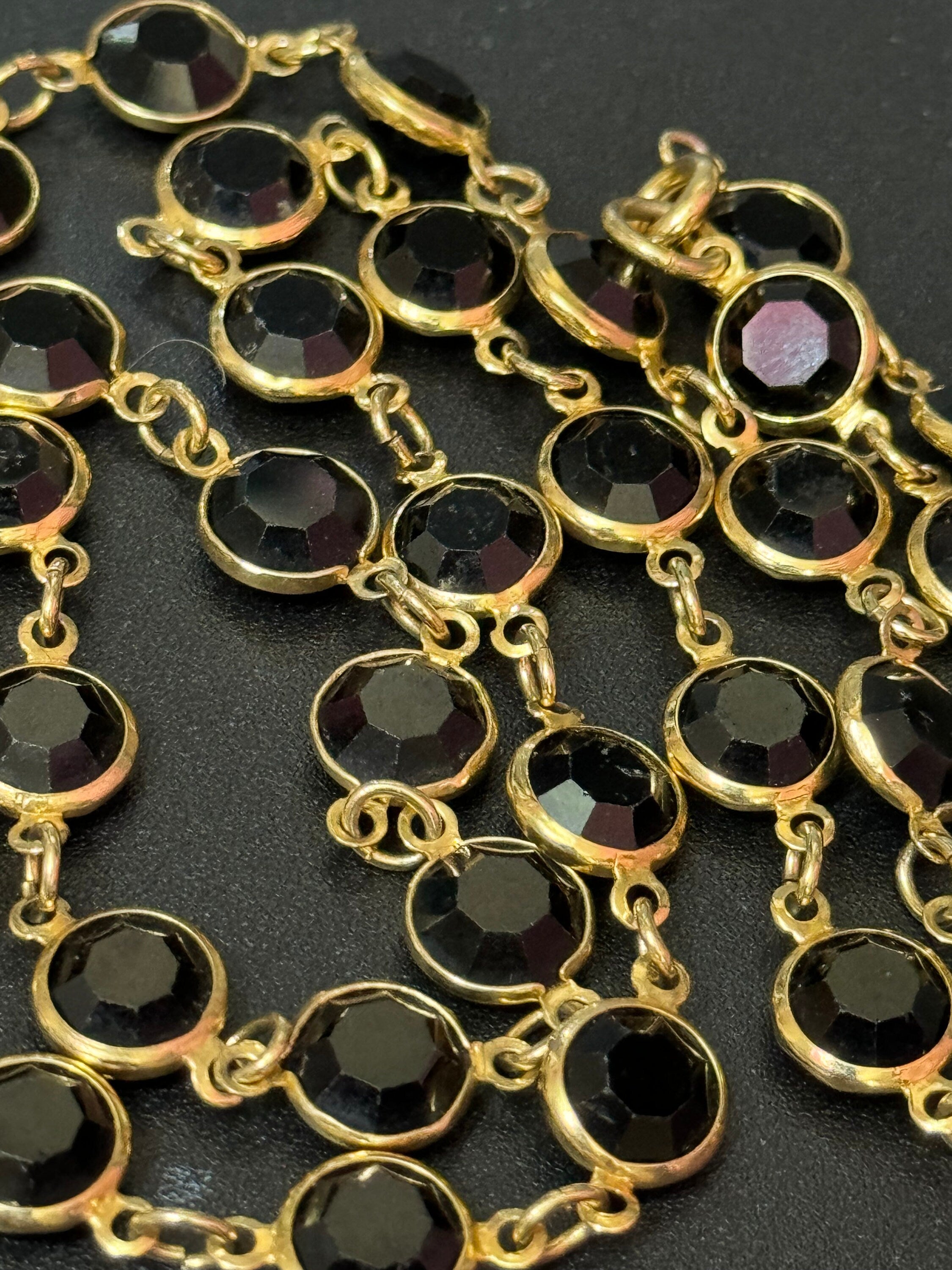 Retro Black Glass Crystal Rivière Necklace - Gold Tone Chain