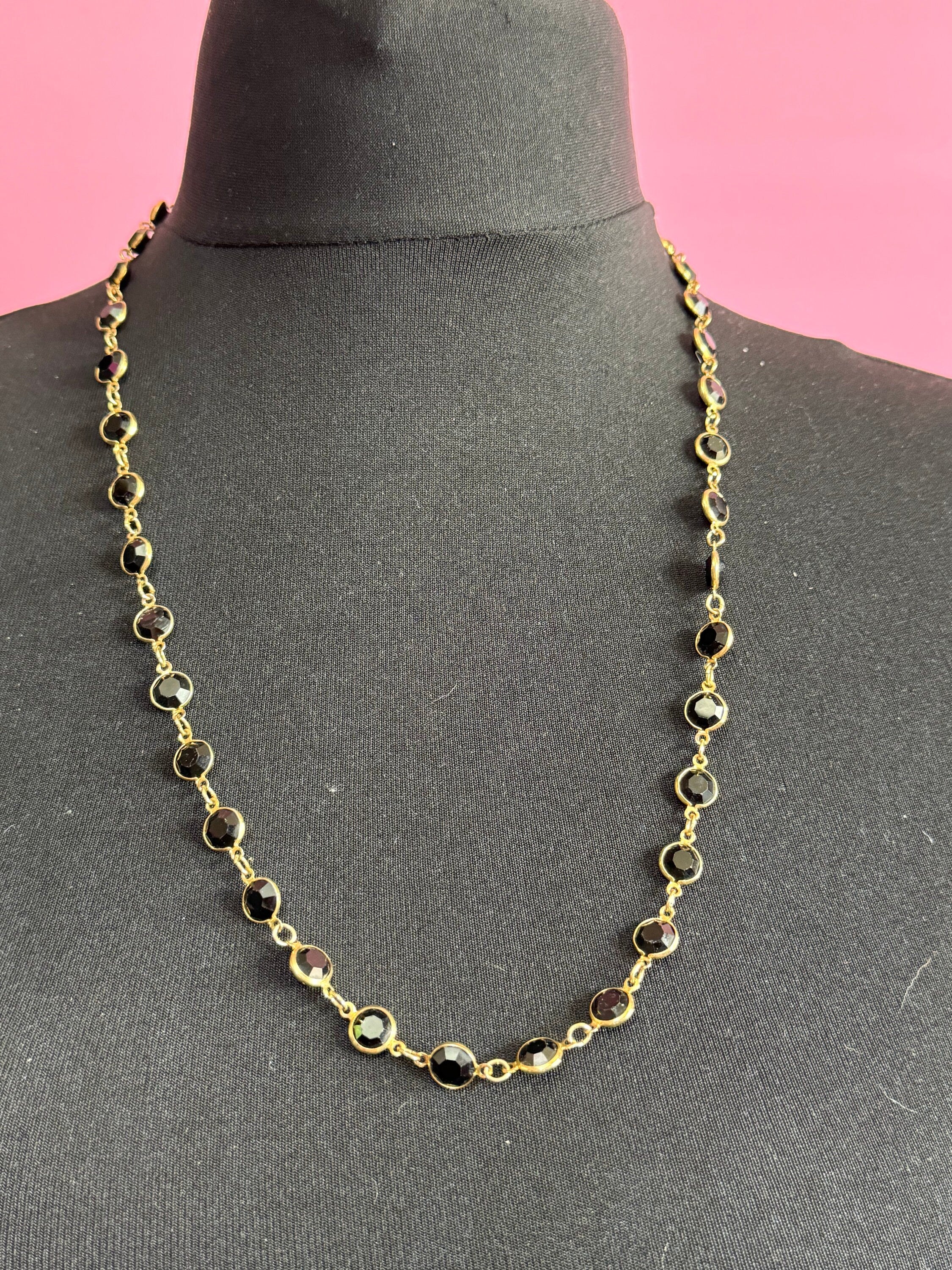 Retro Black Glass Crystal Rivière Necklace - Gold Tone Chain