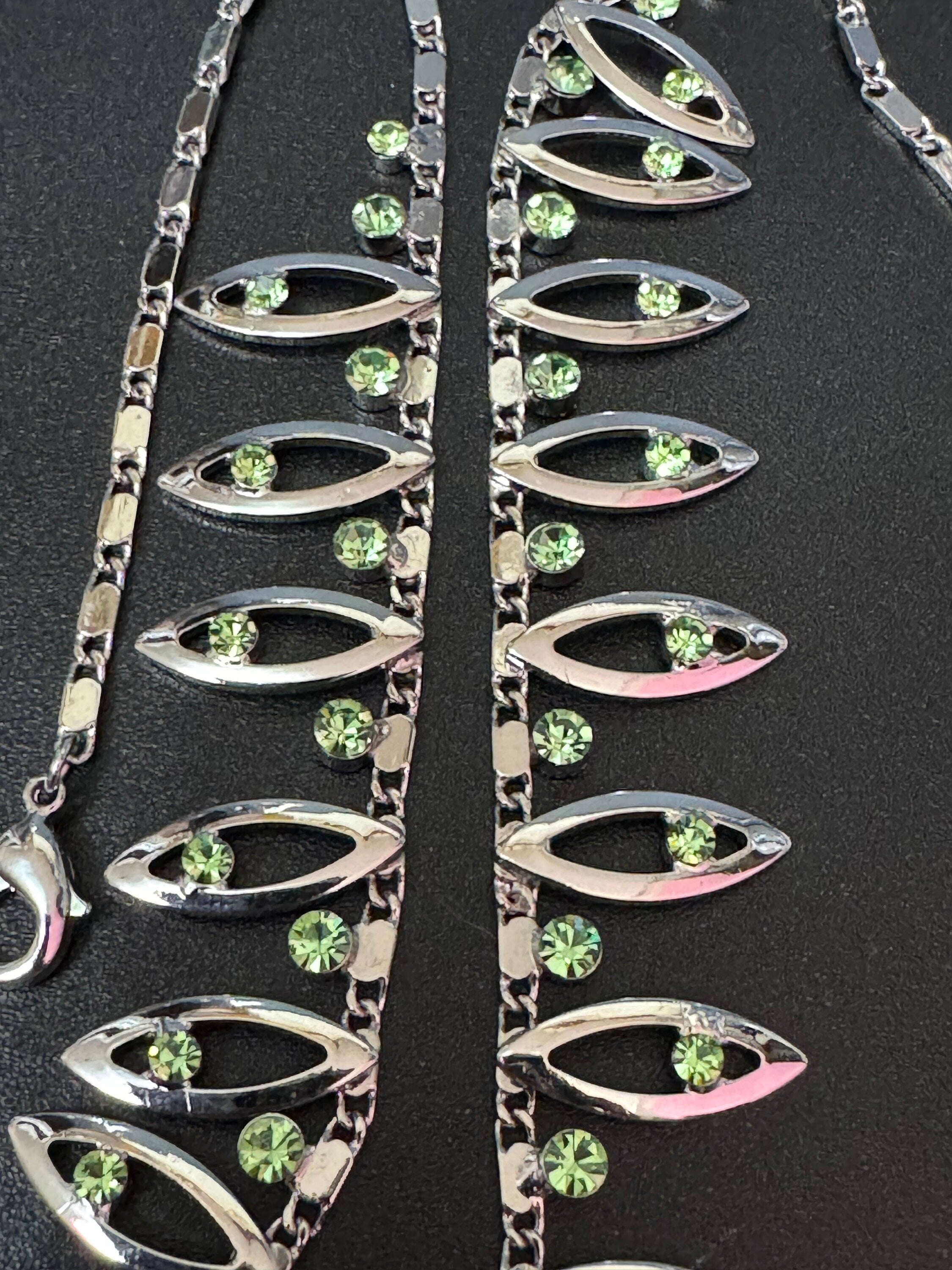 retro diamanté emerald light green rhinestone crystal silver tone party cocktail necklace 42-50cm