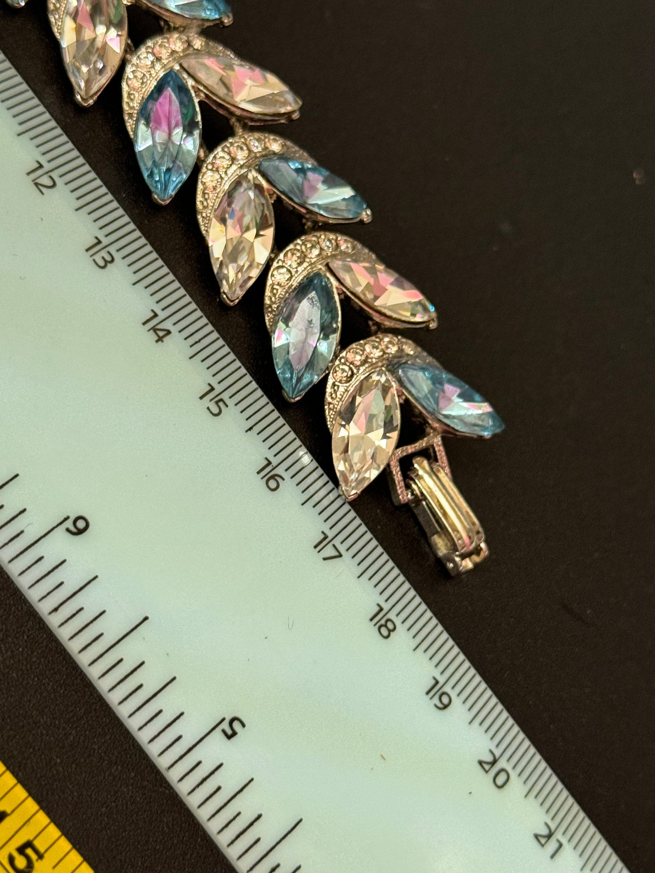80s retro Diamanté silver tone chunky light sapphire blue glass rhinestone cocktail Bracelet and matching clip on earrings jewellery set