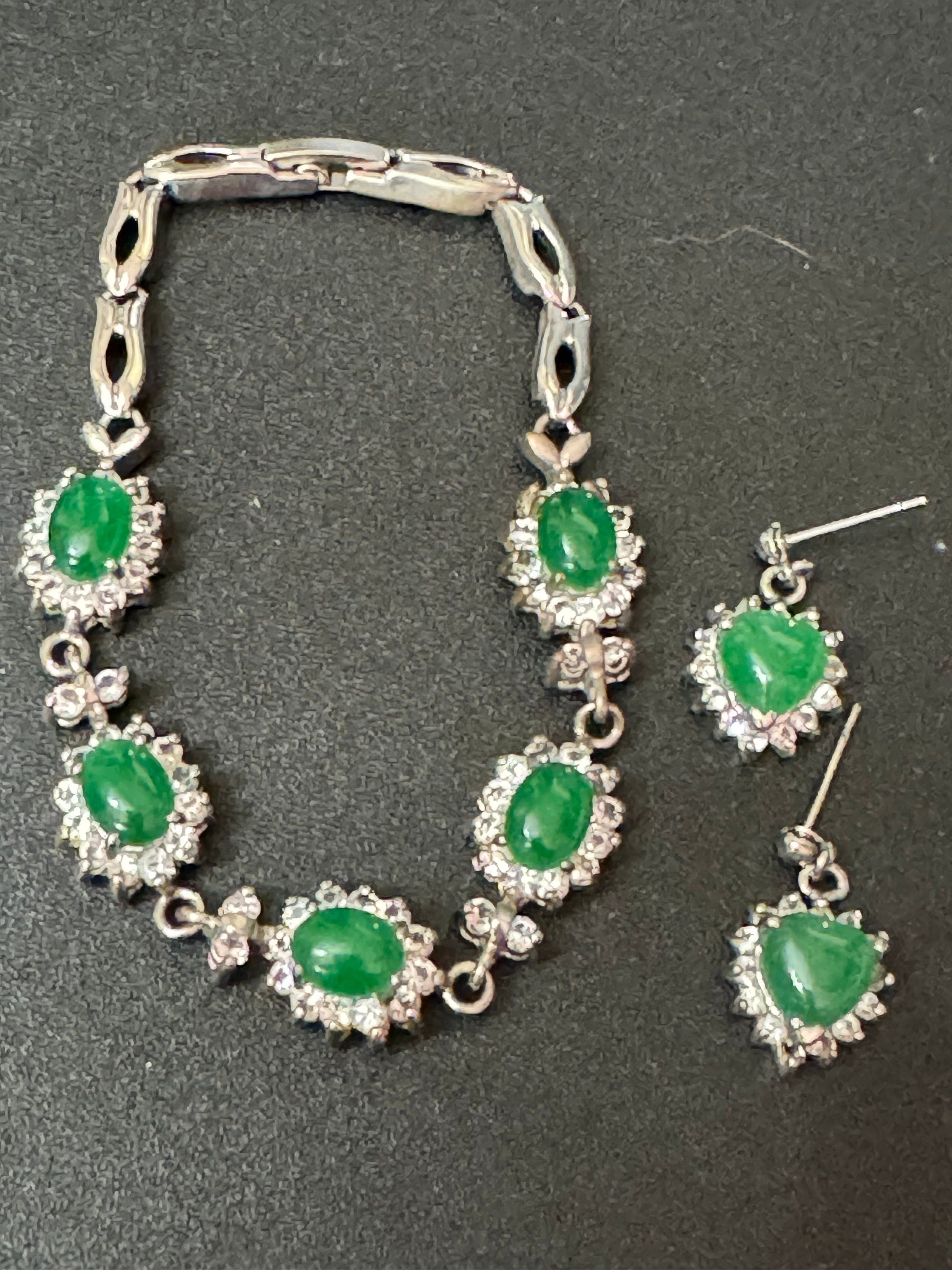 retro emerald green jade cabochon diamanté Crystal silver tone tennis bracelet and matching heart earrings pierced