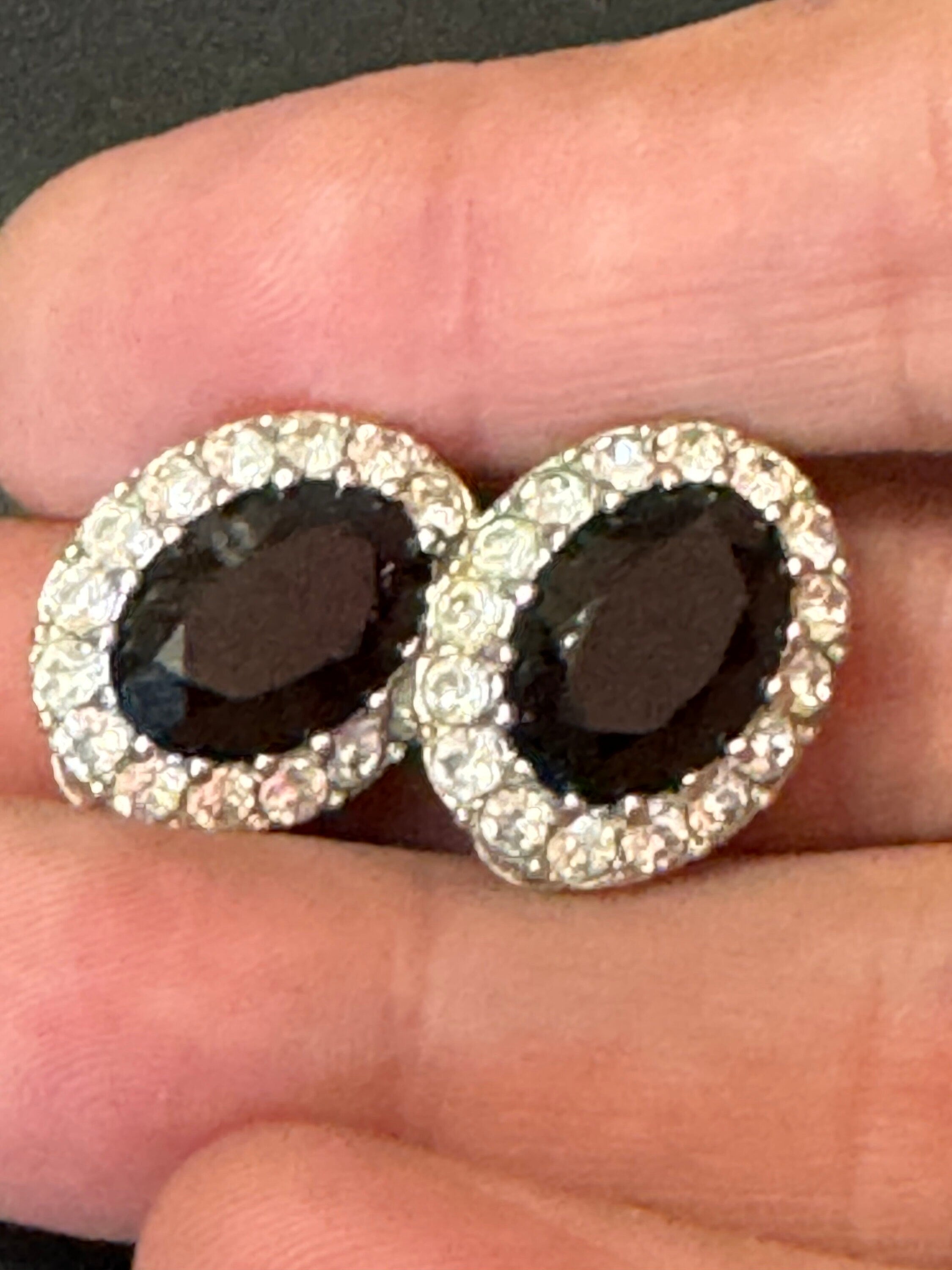 Black and clear monochrome diamanté oval Clip On Earrings studs silver tone