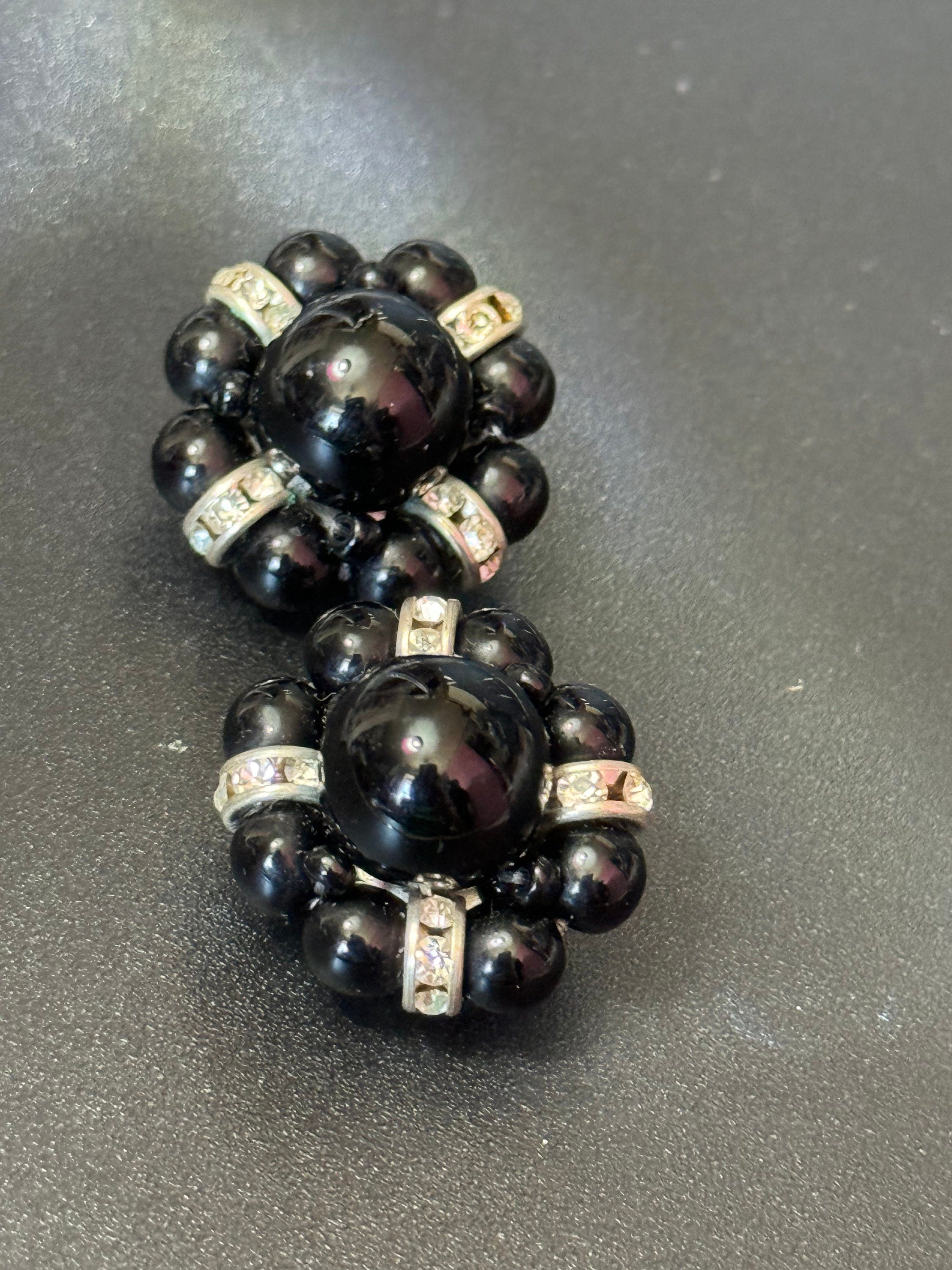 Black and clear monochrome diamanté round beaded cluster Clip On Earrings studs silver tone