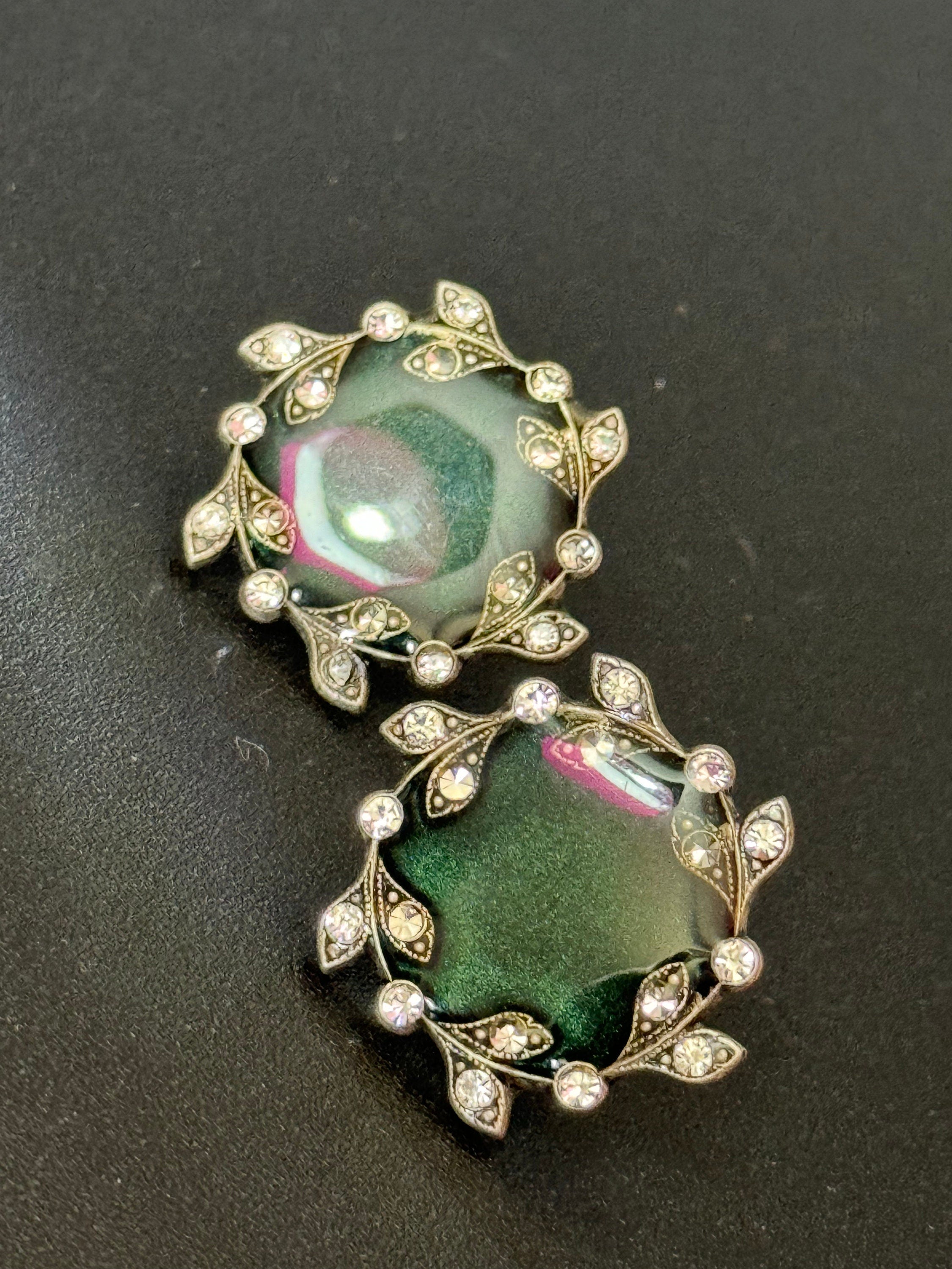 Very Dark green enamel and clear diamanté silver tone flat round disc clip on earrings