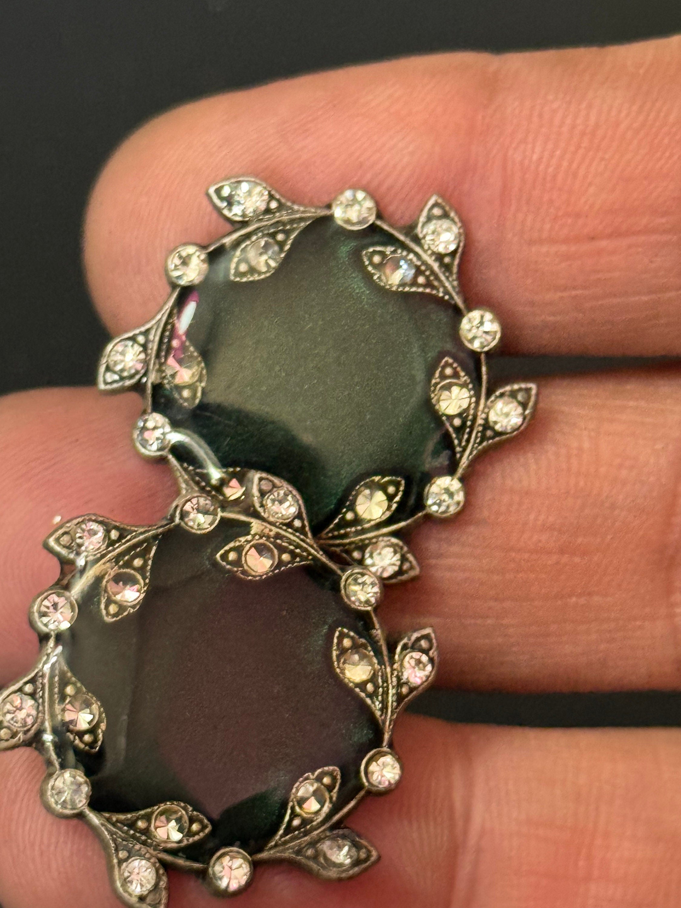 Dark Green Enamel Diamanté Clip On Earrings - Silver Tone