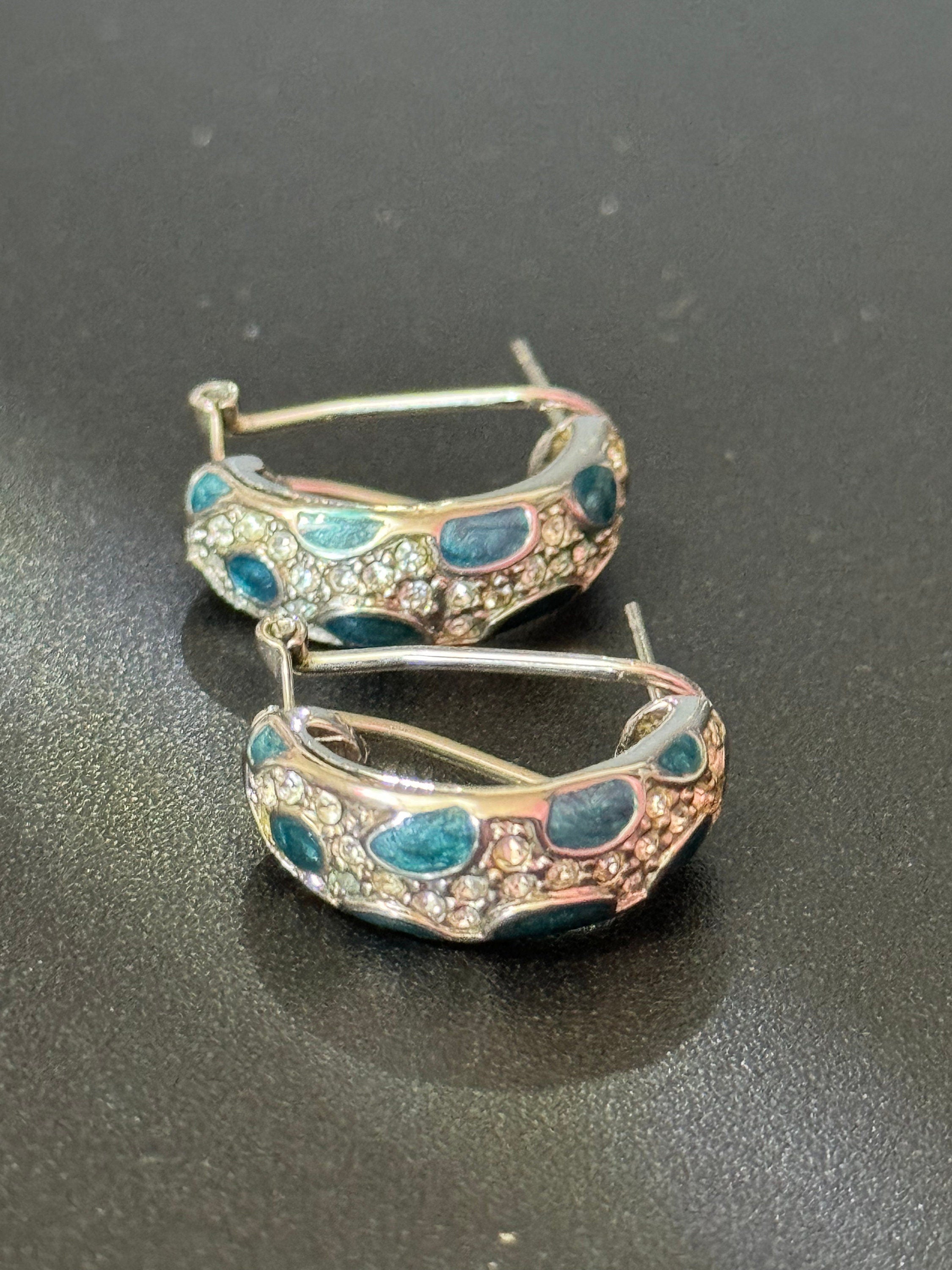 small diamanté blue enamel hoop earrings silver tone pierced ears