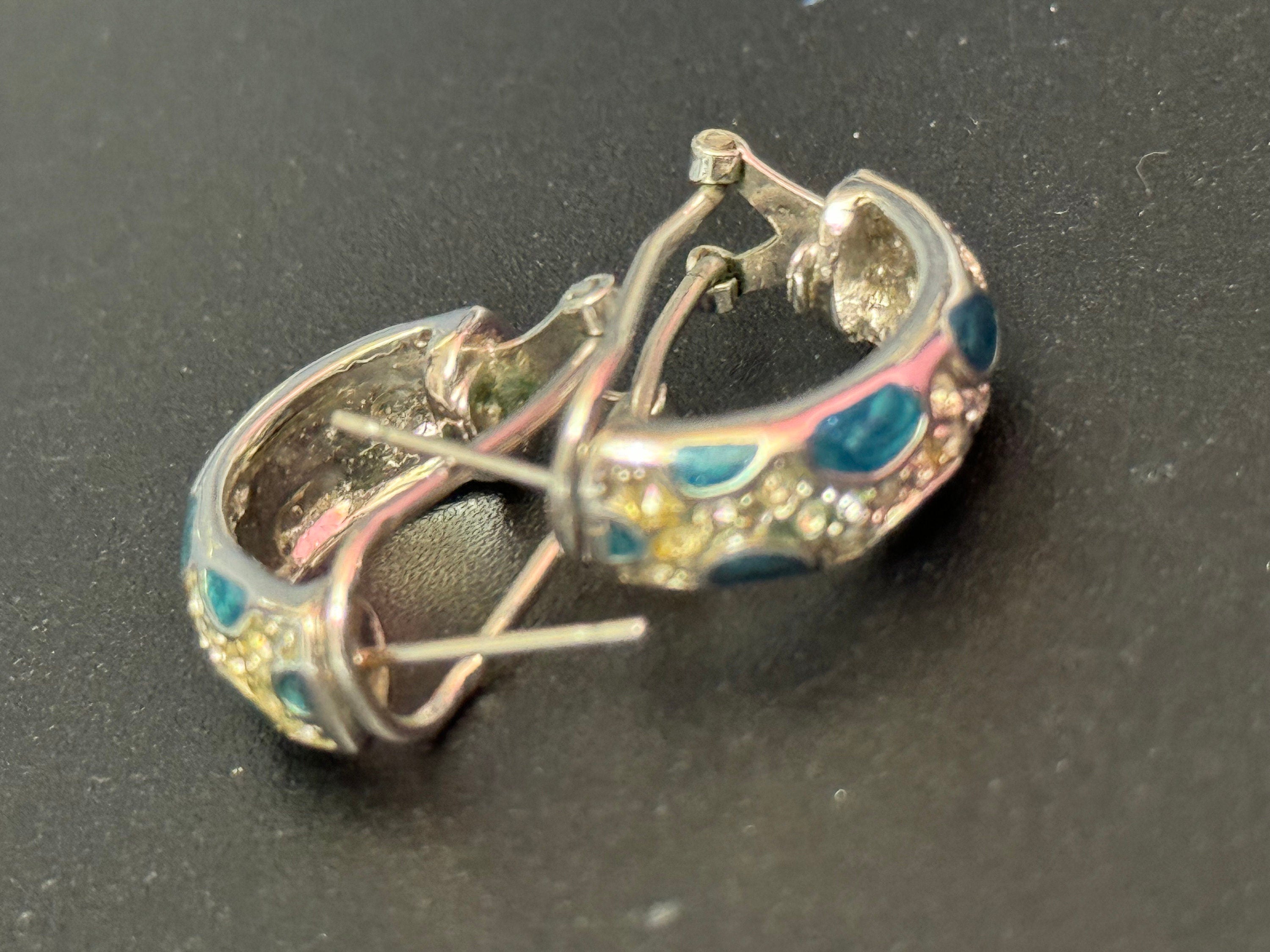 small diamanté blue enamel hoop earrings silver tone pierced ears