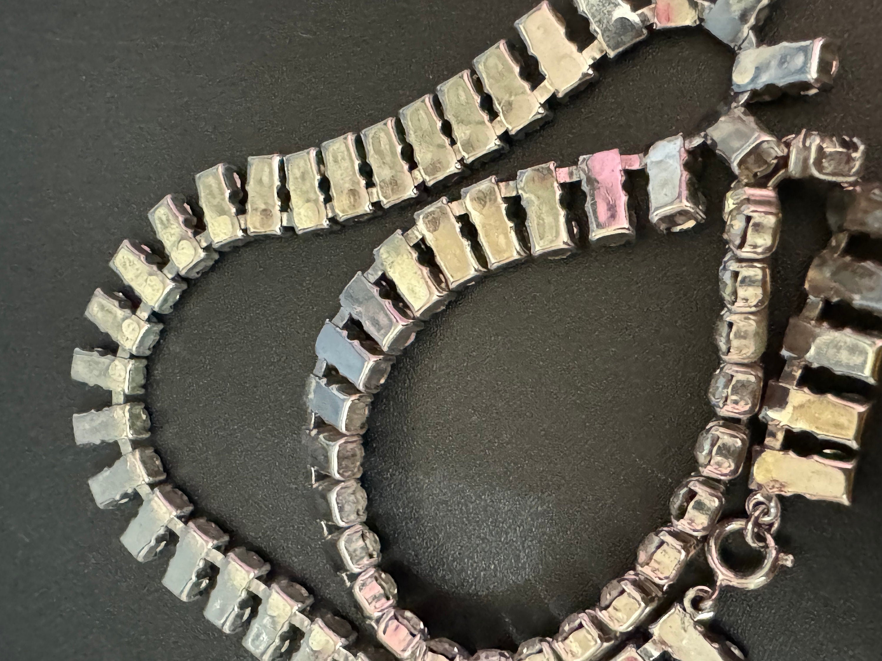 Vintage 42cm silver Clear glass double row Diamanté rhinestone paste cocktail choker necklace