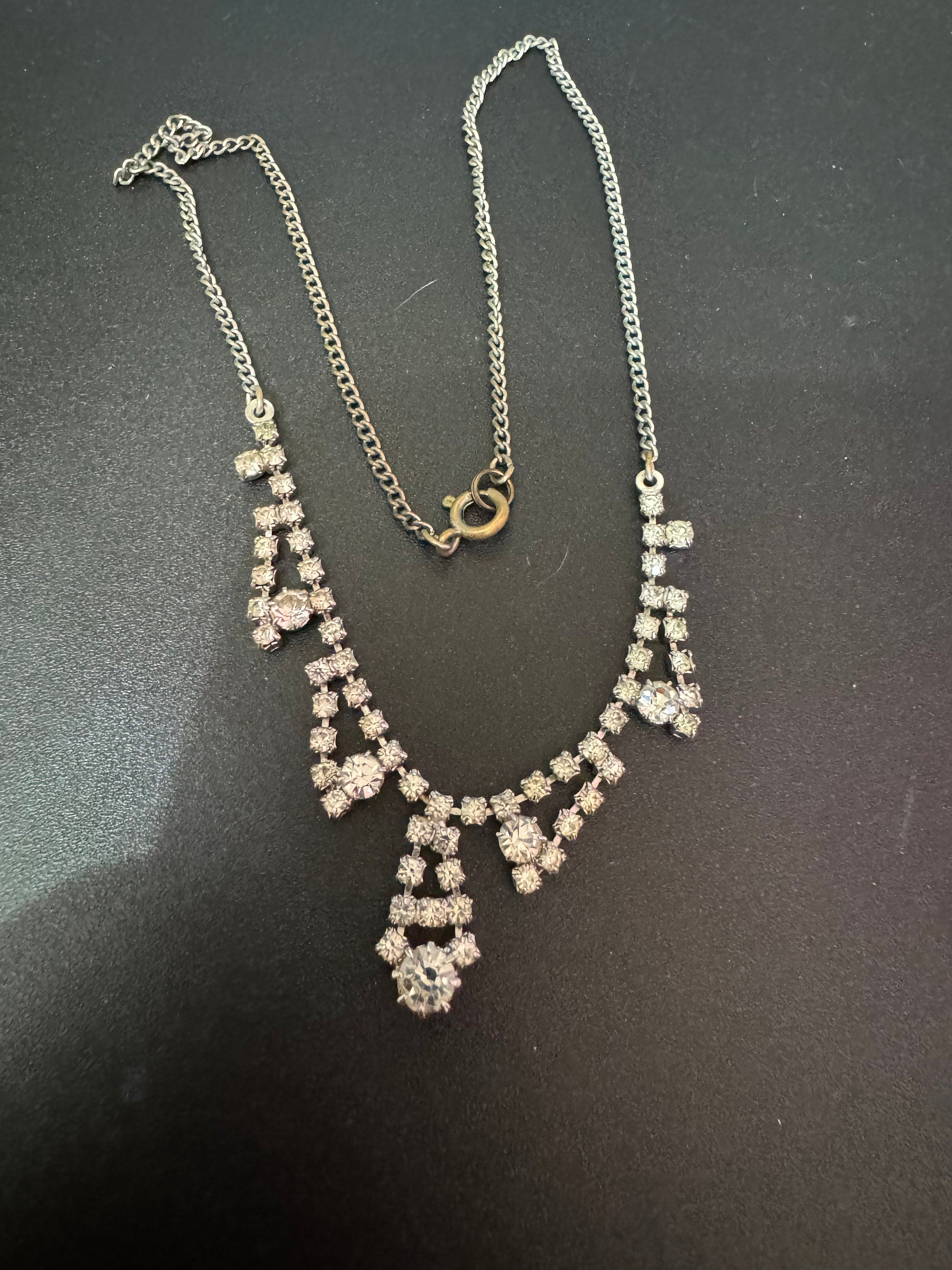 Dainty 44cm silver Clear glass Diamanté rhinestone paste chain link cocktail necklace