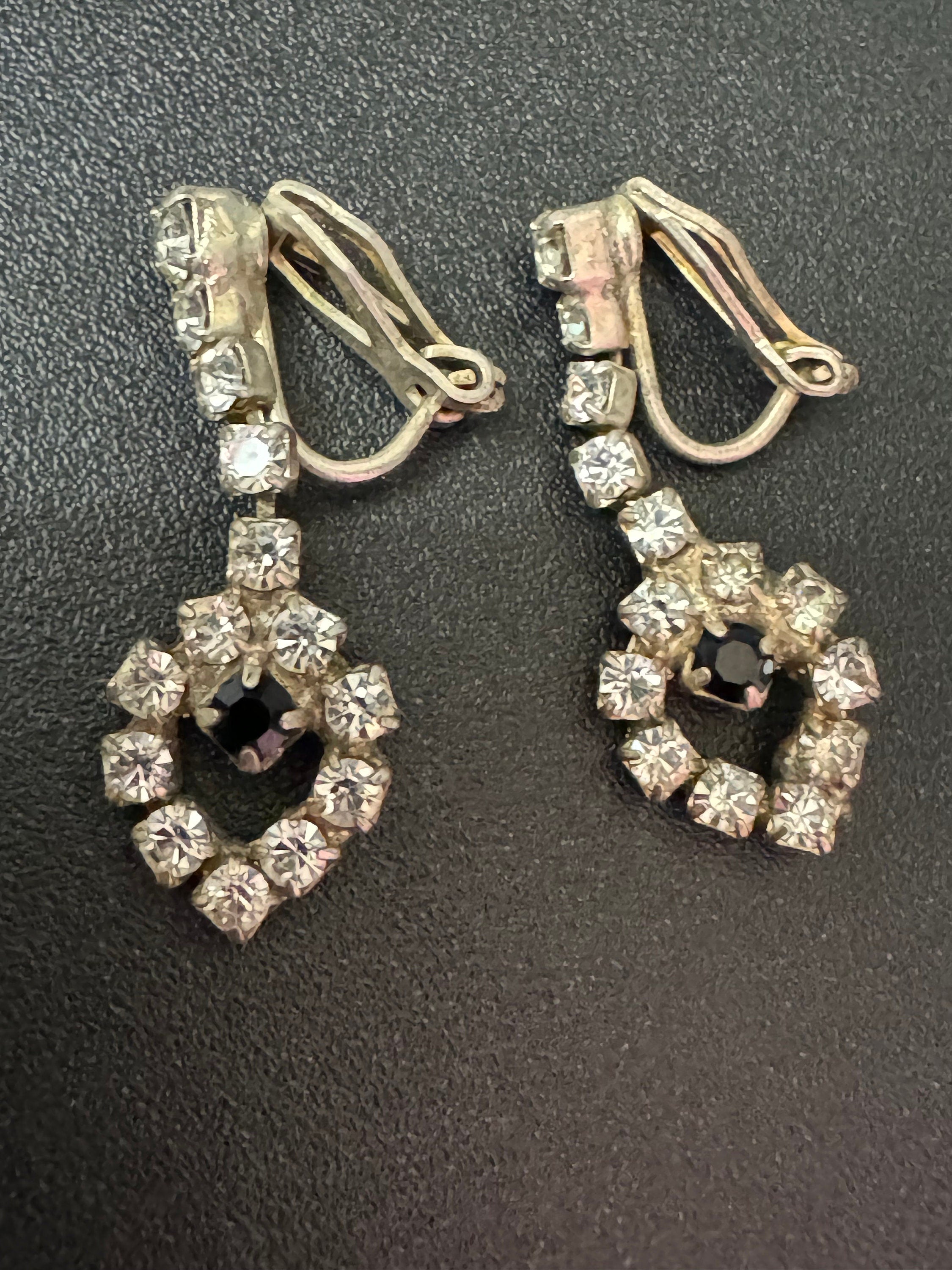 Vintage Clear Diamanté Drop Paste Clip On Earrings screw back