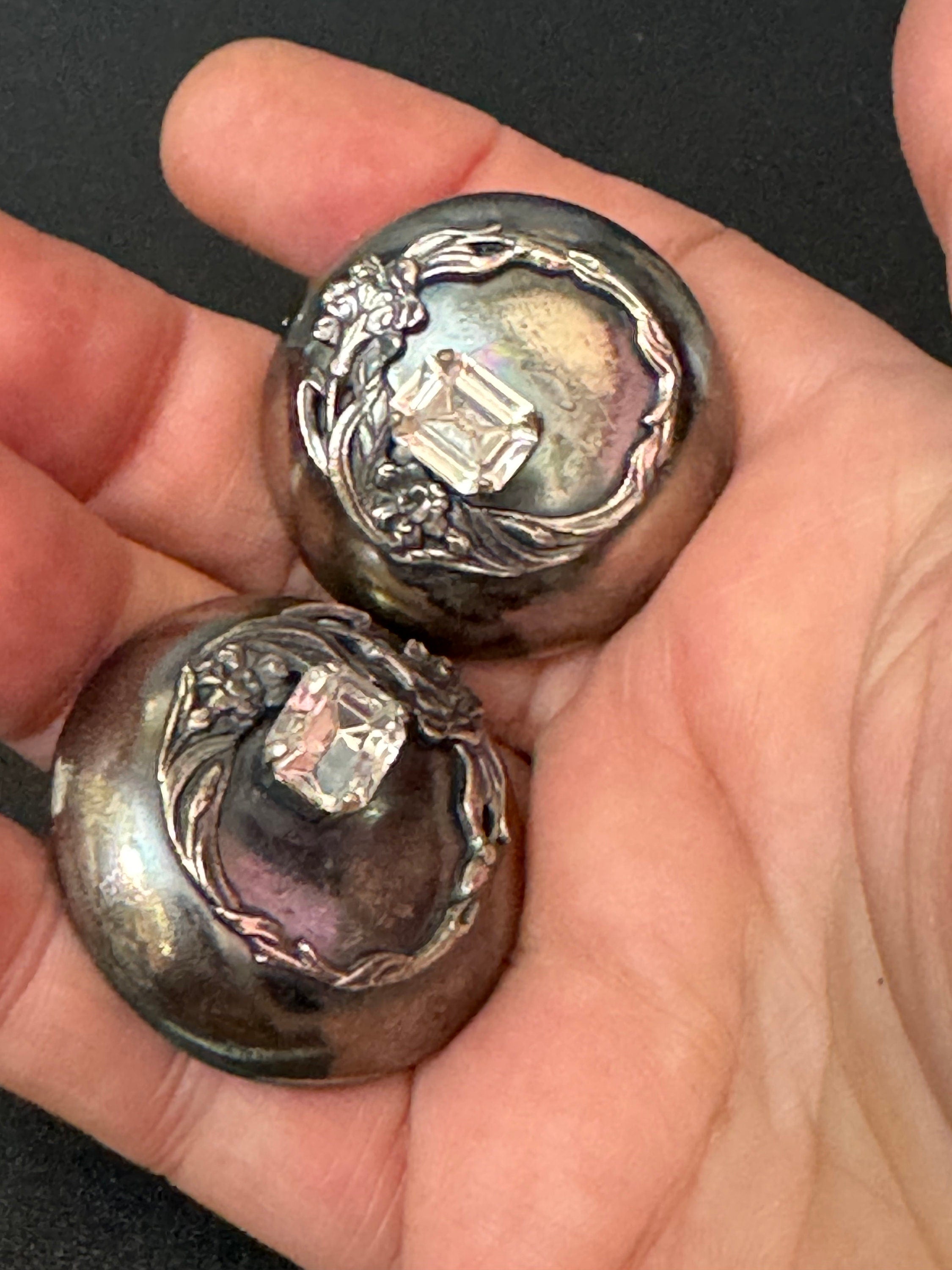 Ermani Bulatti round clear diamanté clip on earrings designer modernist silver tone
