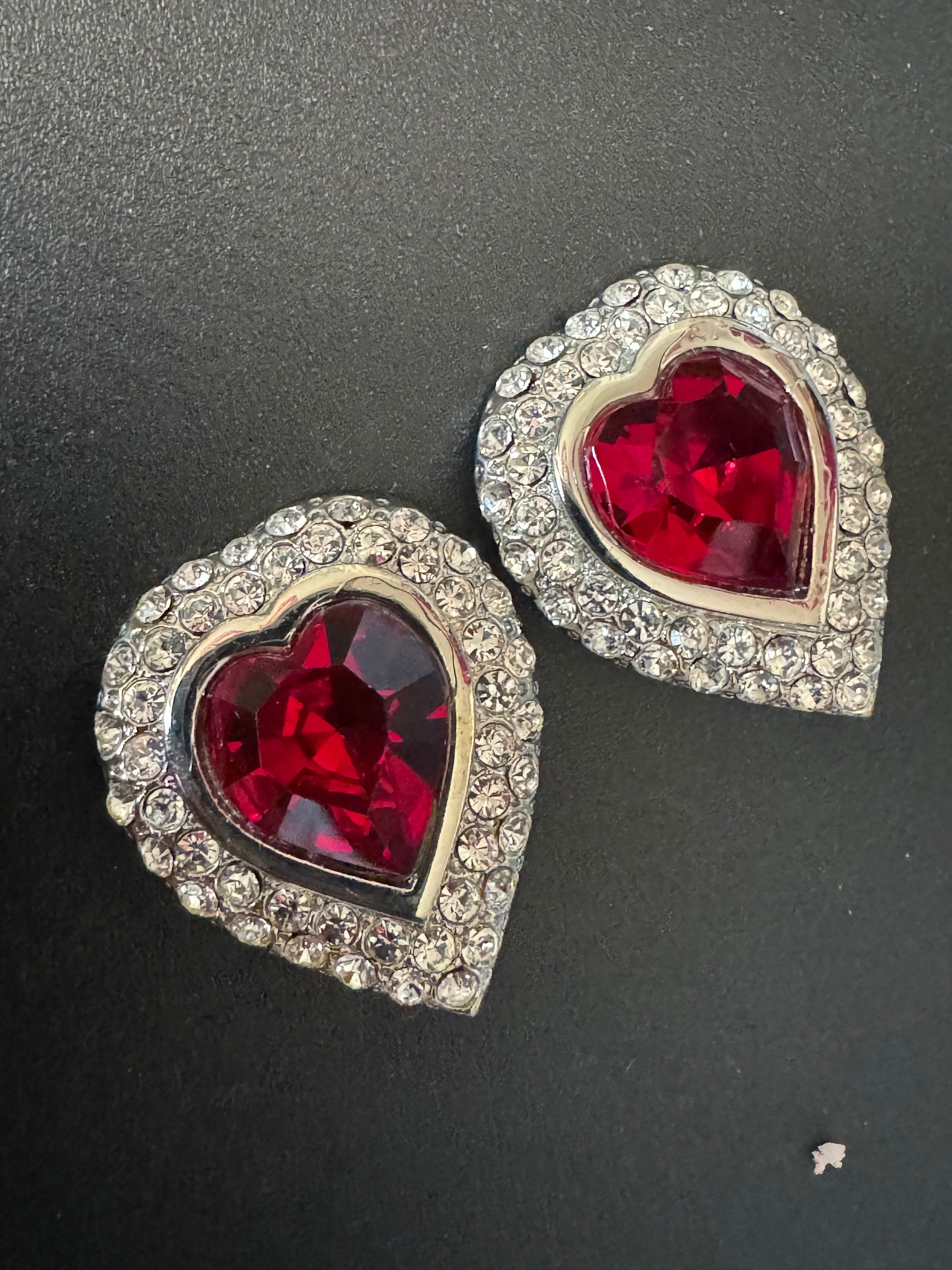 vintage silver ruby red Swarovski crystal love heart earrings, 1980s